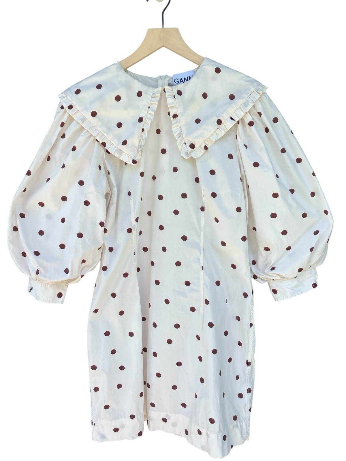 GANNI Polka Dot White Poplin Sailor Collar Mini Dress Size EU 42 US 10 / 12