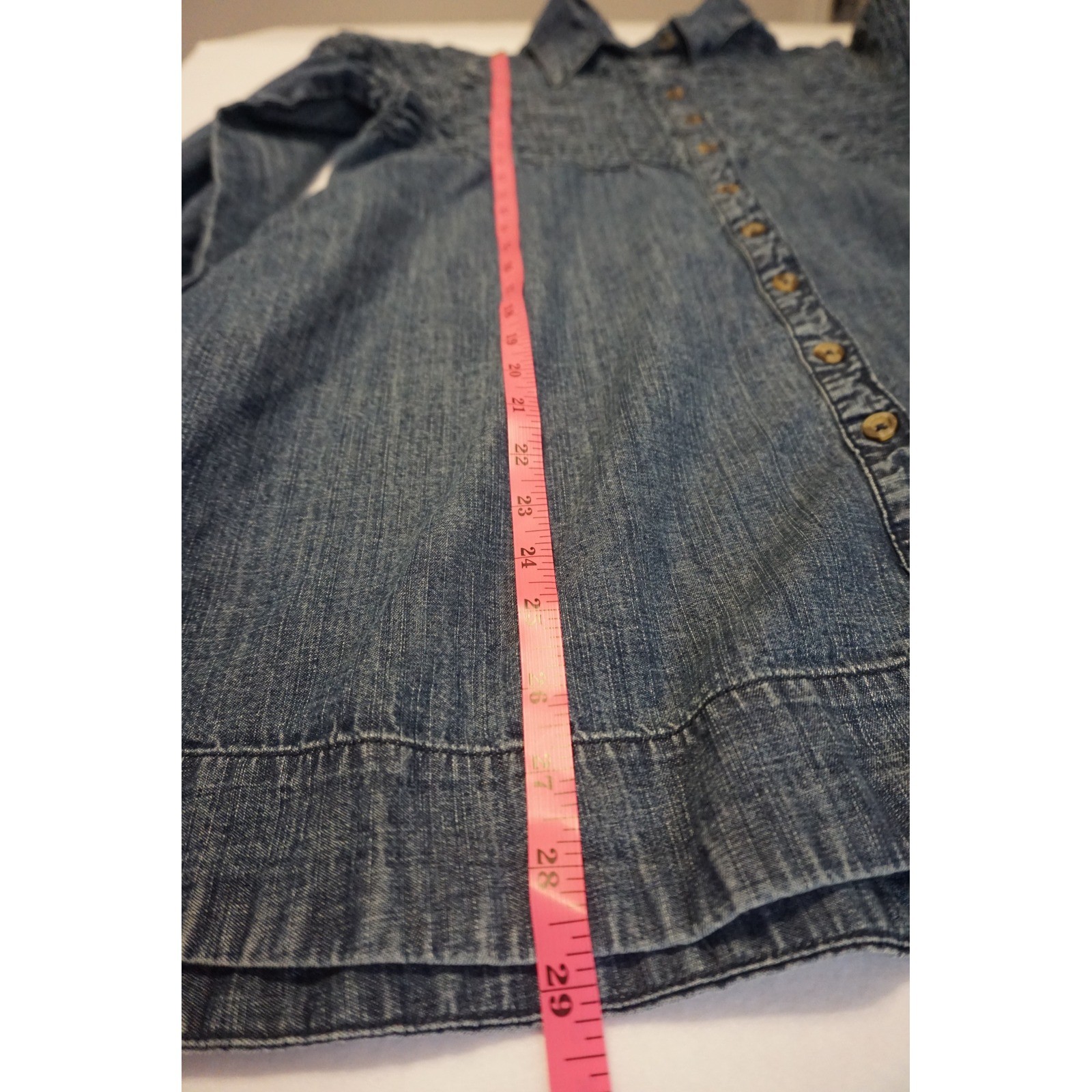 Free People Smocked Denim Button Down Mini Dress Medium Wash Blue Boho XS