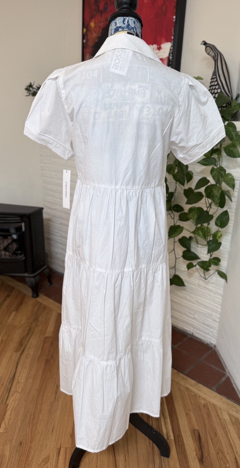 Calvin Klein White Collared Button Short Sleeve Maxi Shirt Dress 100% Cotton 6