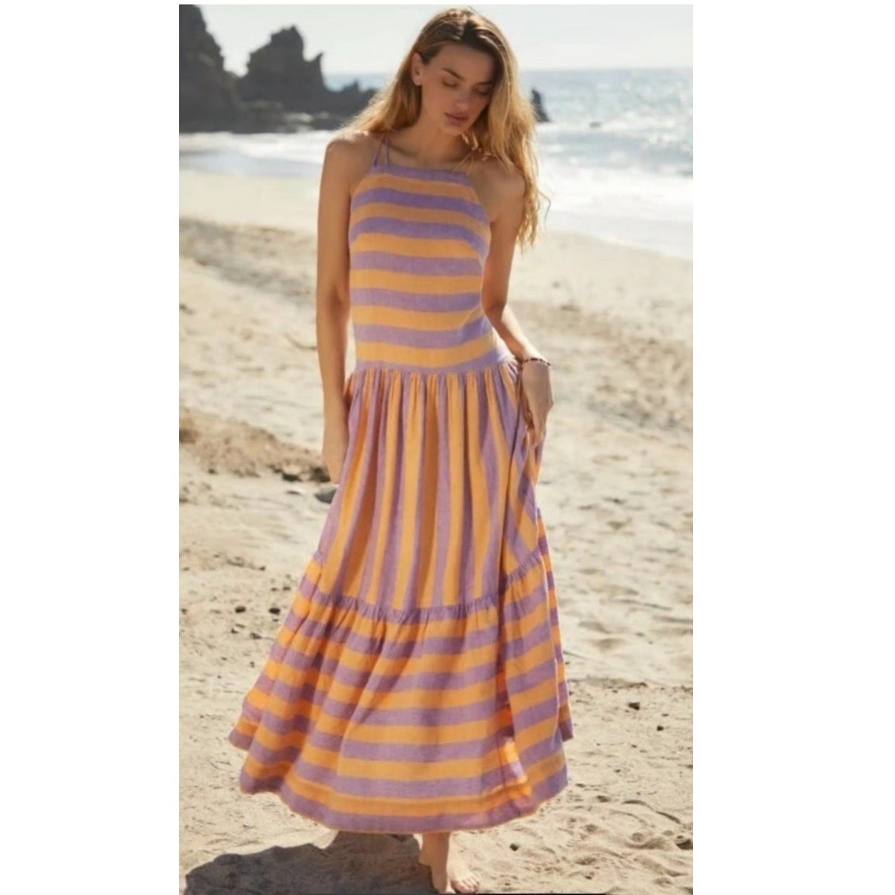 By Anthropologie Lilac & Orange halter back tied 55% Linen45% Viscose Maxi Dress