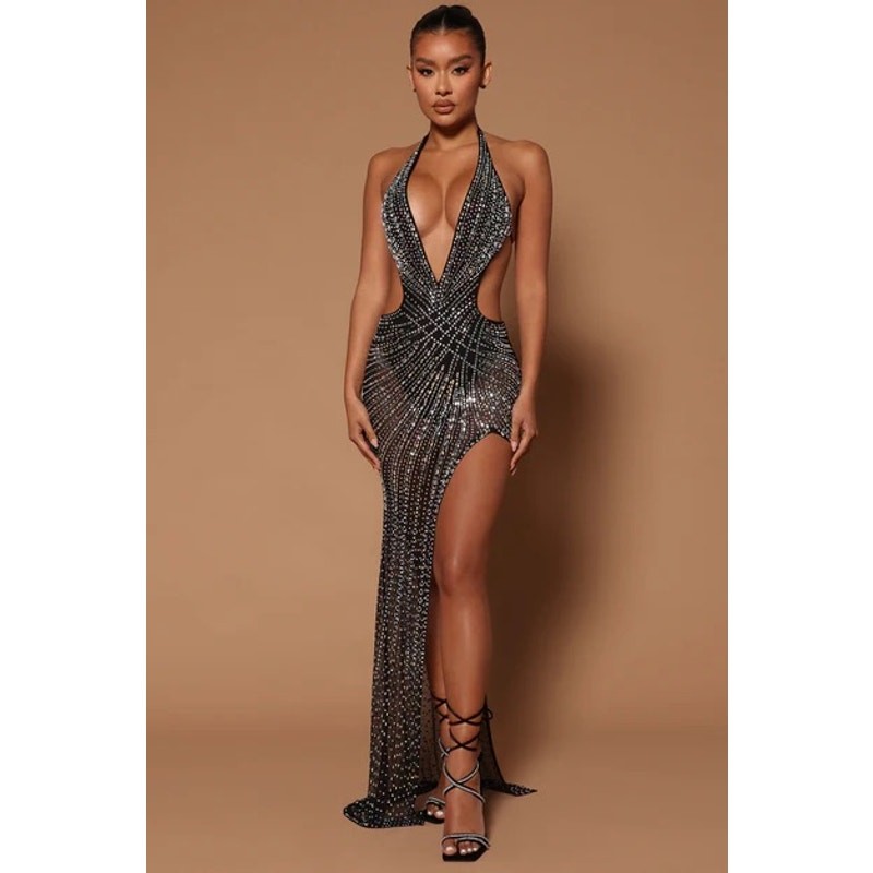 Fashion Nova Beverly Embellished Rhinestone Mesh Cutout Maxi Dress M 8 10