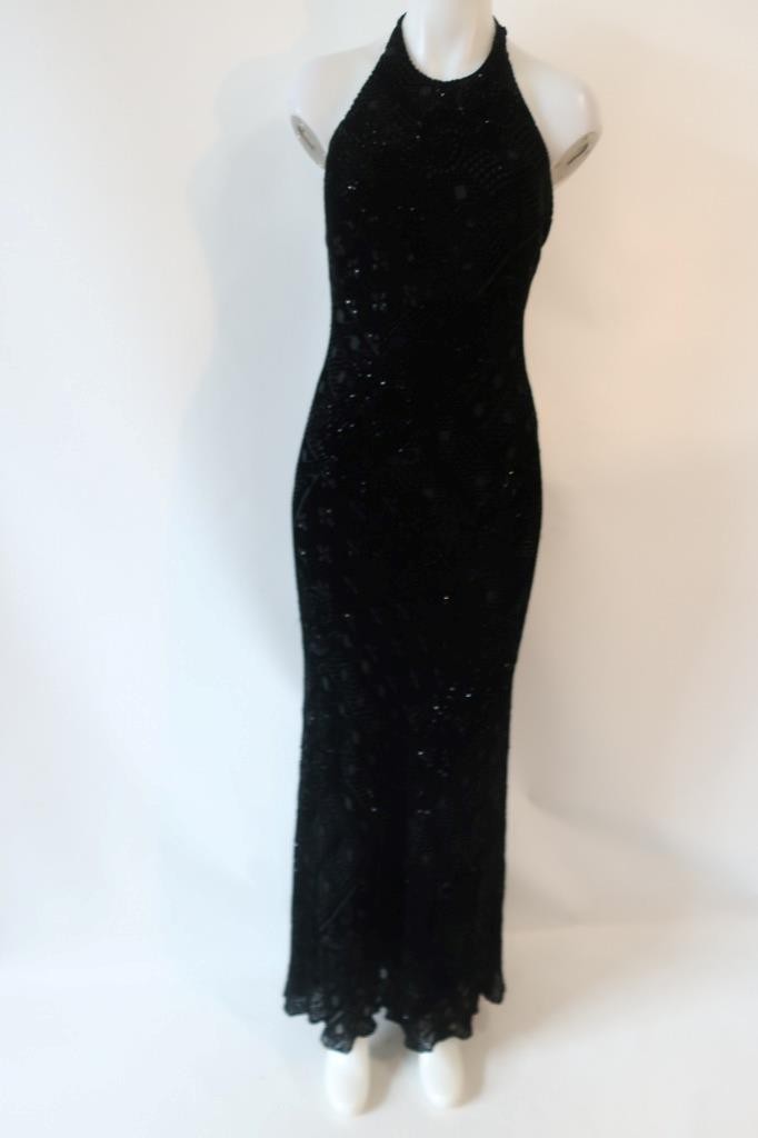 Womens Carmen Marc Valvo Black (Item-88) Beaded Silk Blend Velvet Halter Dress S