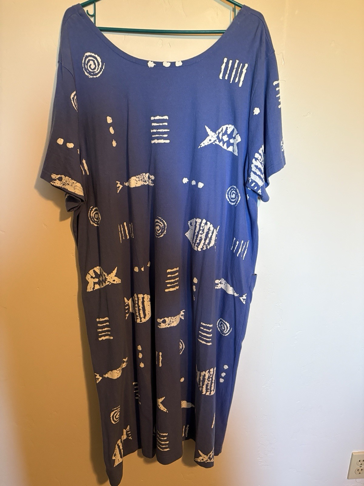 M. Mac Periwinkle Fish Print T-Shirt Dress 2X 100% Cotton Short Sleeve Beach