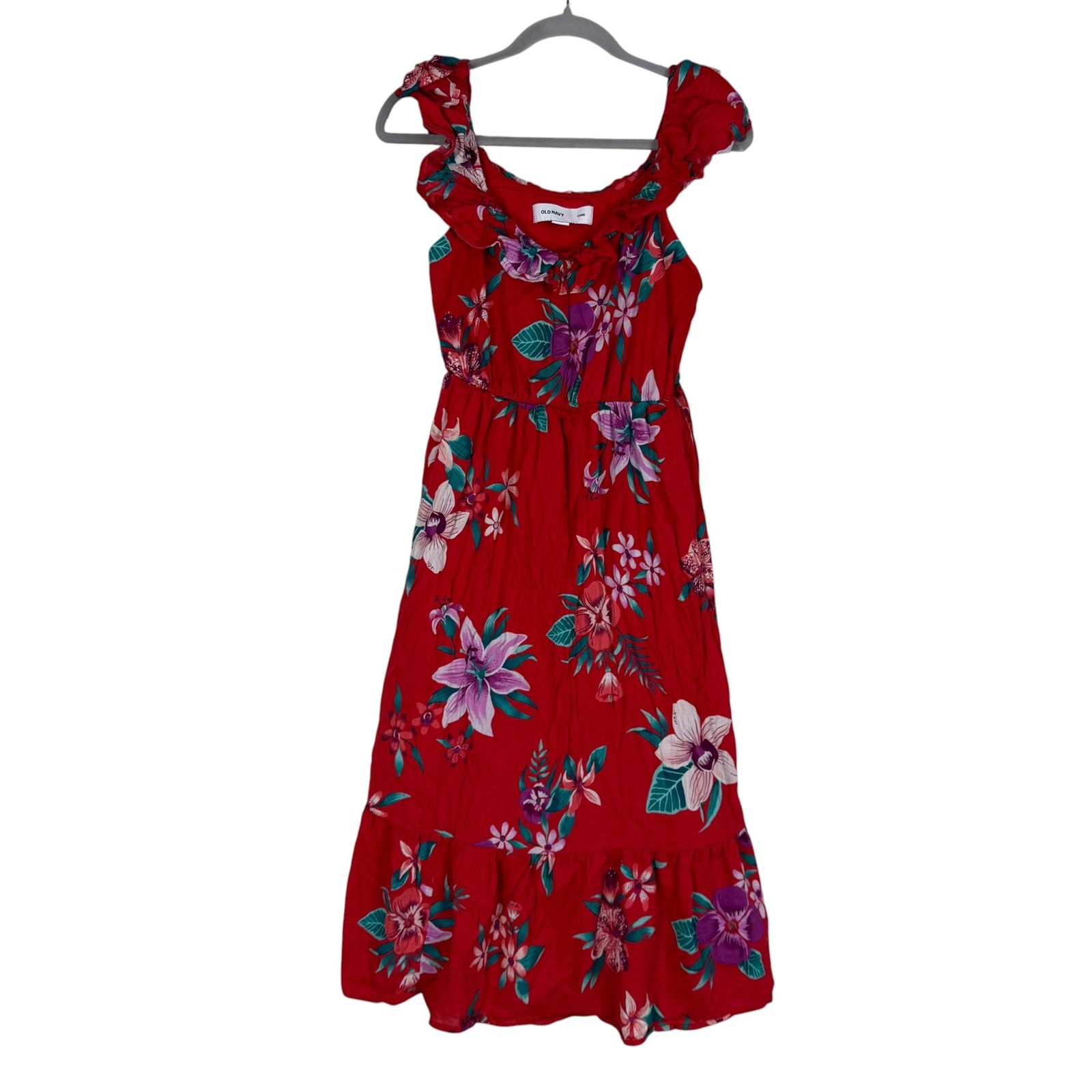 Old Navy Dress Womens XS Red Floral Ruffle Sundress Scoop Neck Lined Summer