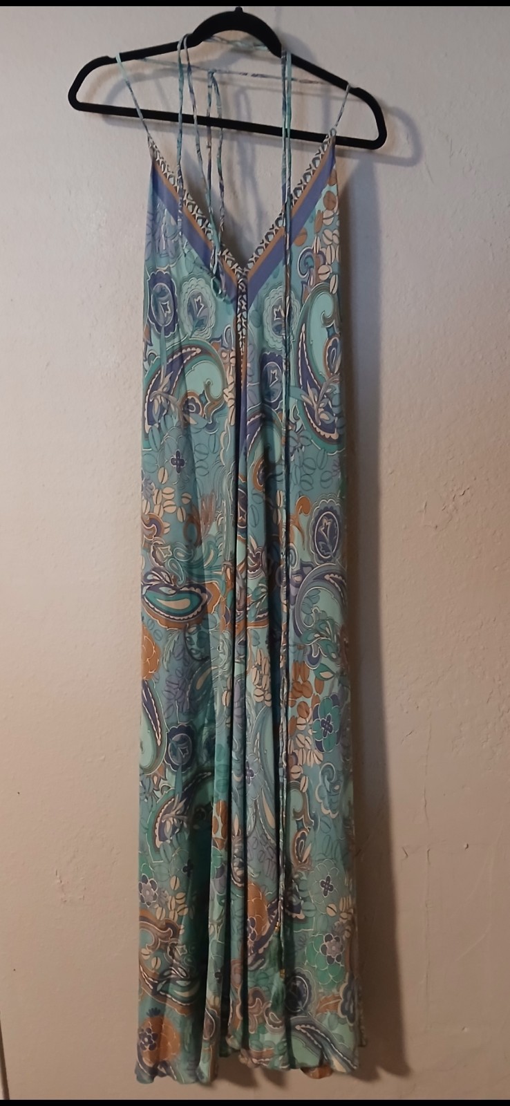 Nauria One Size Blue Multicolor Paisley Silk Blend Maxi Dress V-Neck Tassel Tie