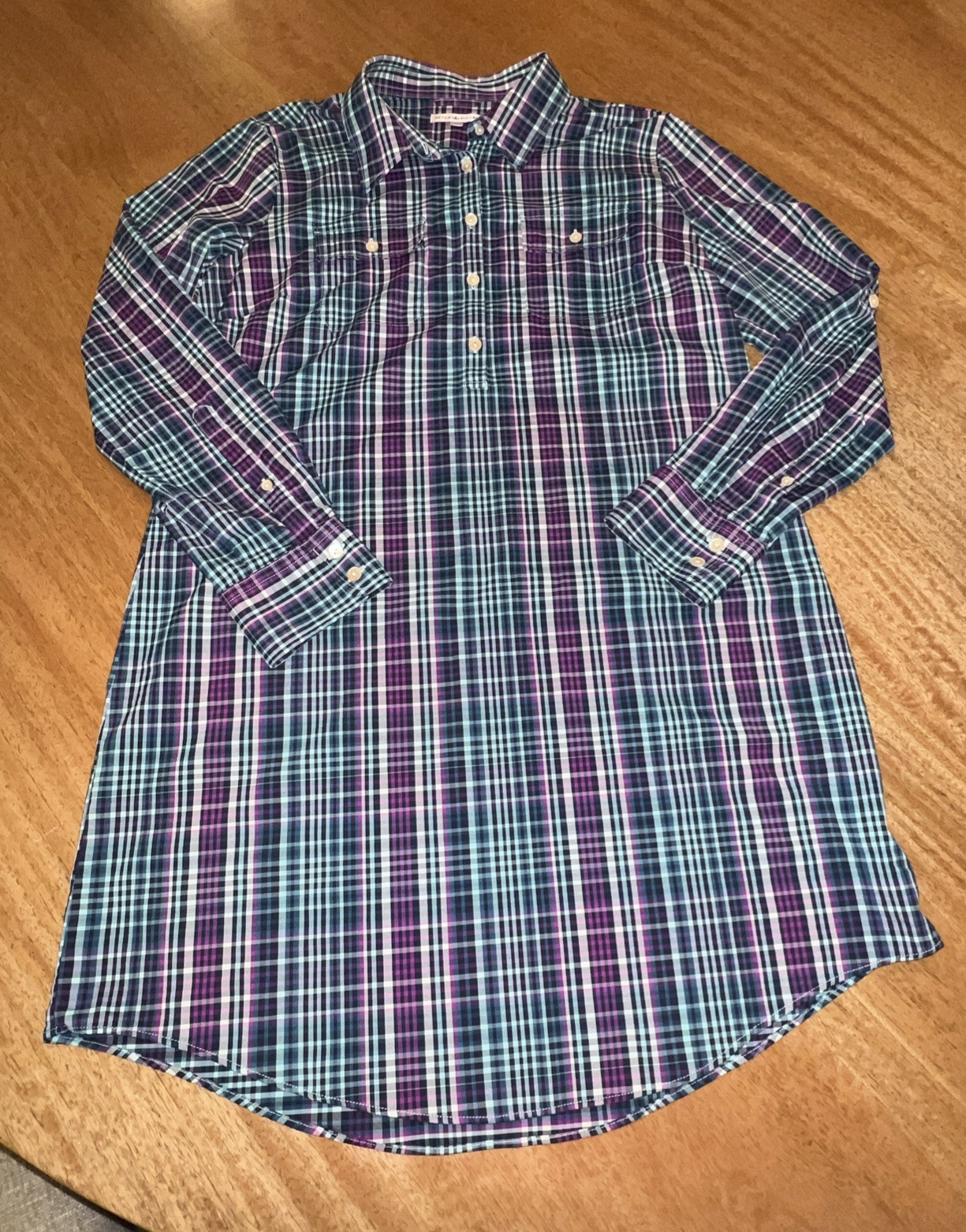 Peter Millar Women’s Shirt Dress Size Large 1/4 Button Purple Plaid Long Sleeve