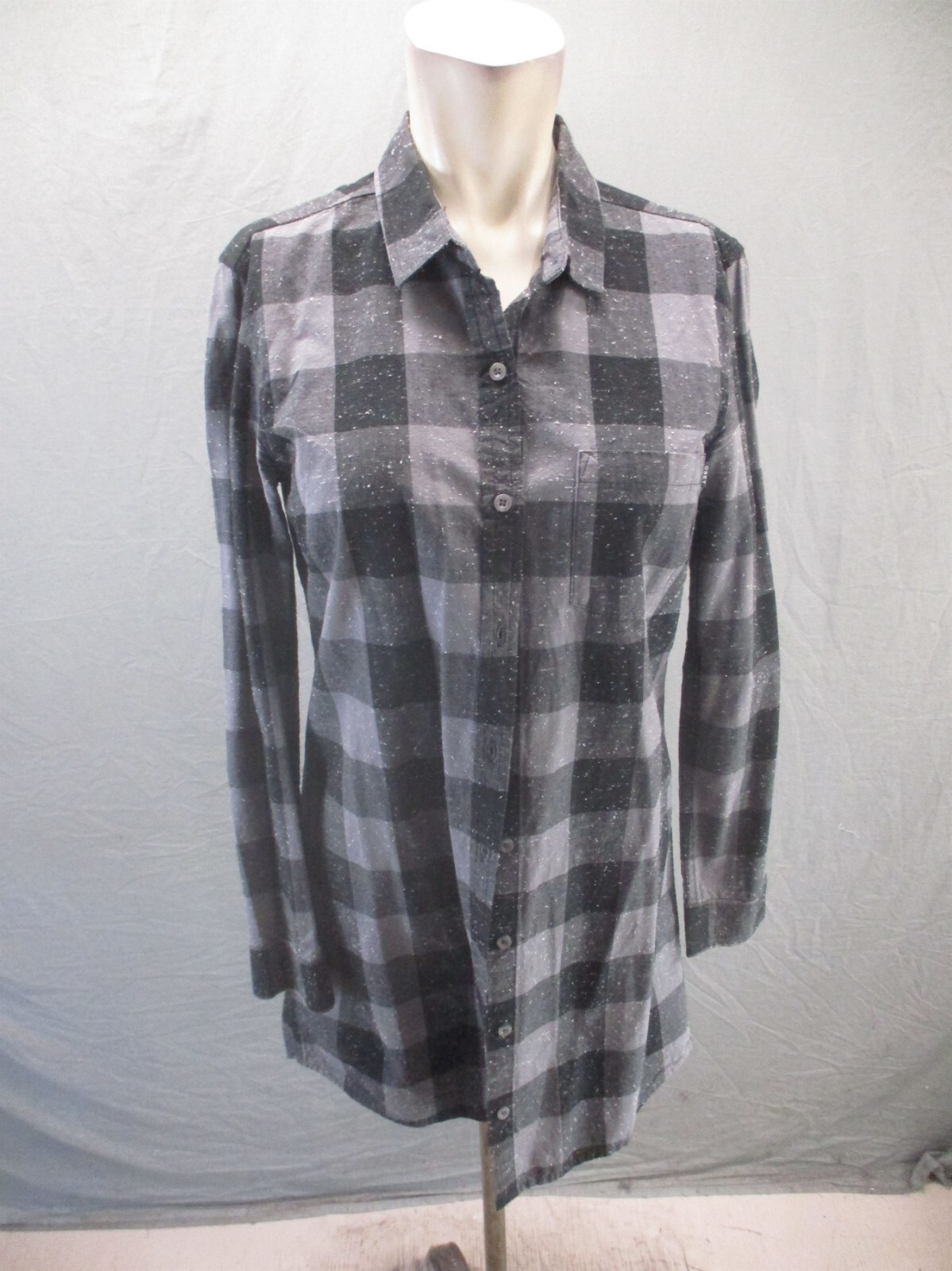 OBEY #89 Size S Womens Gray Plaid 100% Cotton Button Up Flannel Shirt Dress 757