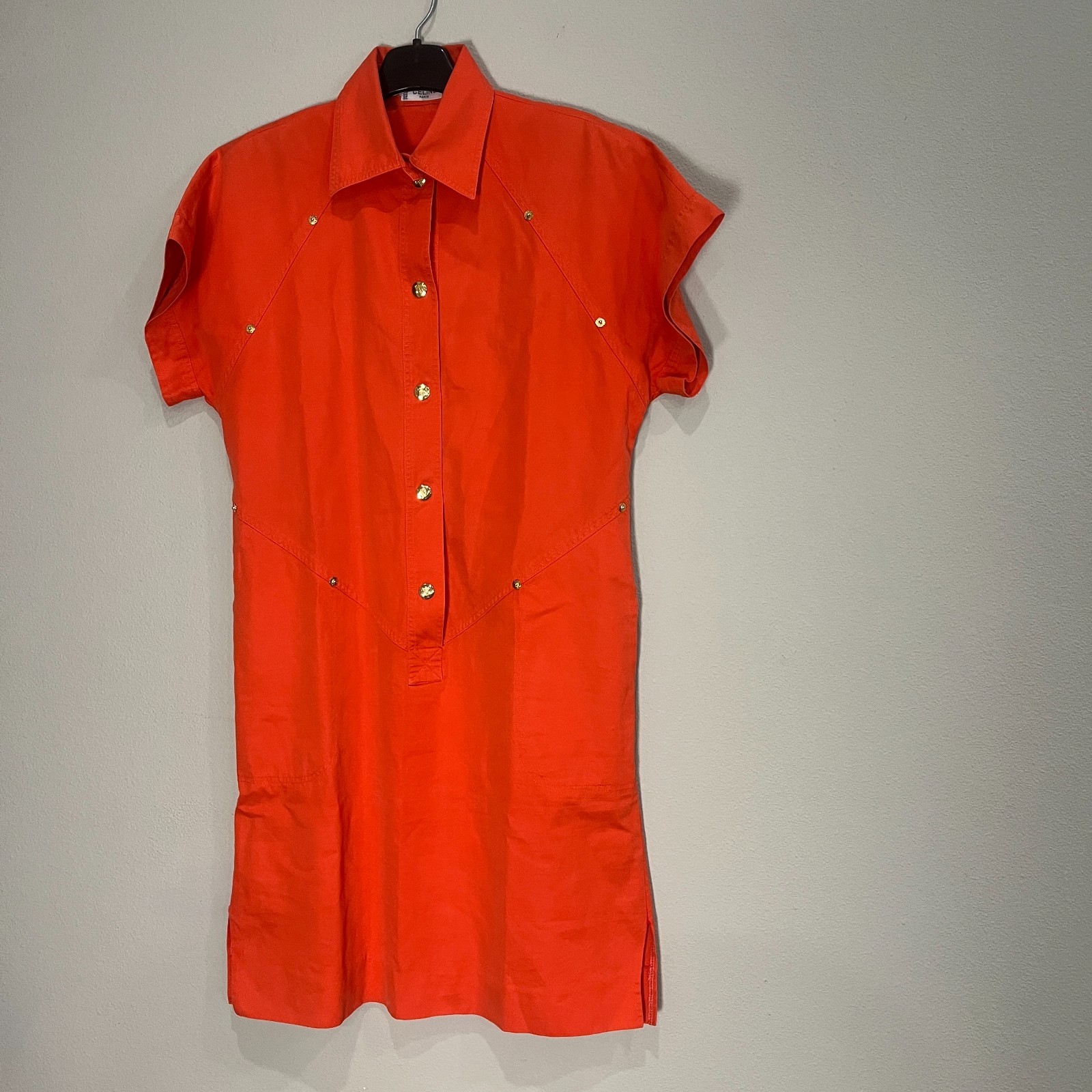 CELINE Vintage Orange Snap Button Shirt Dress womens 40 US 8