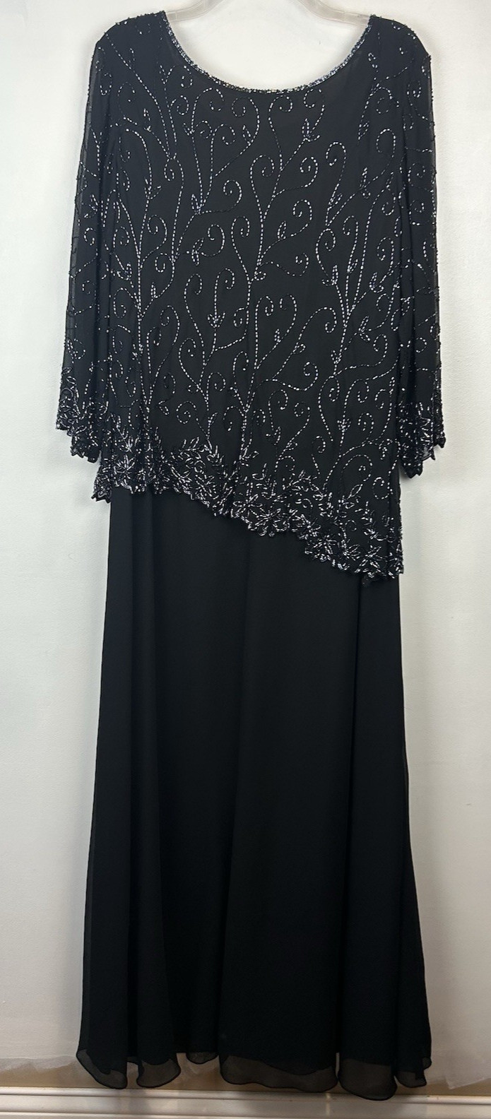 JKARA Evening Gown Womens 16 W Black Chiffon Beaded Wedding Black Tie Event