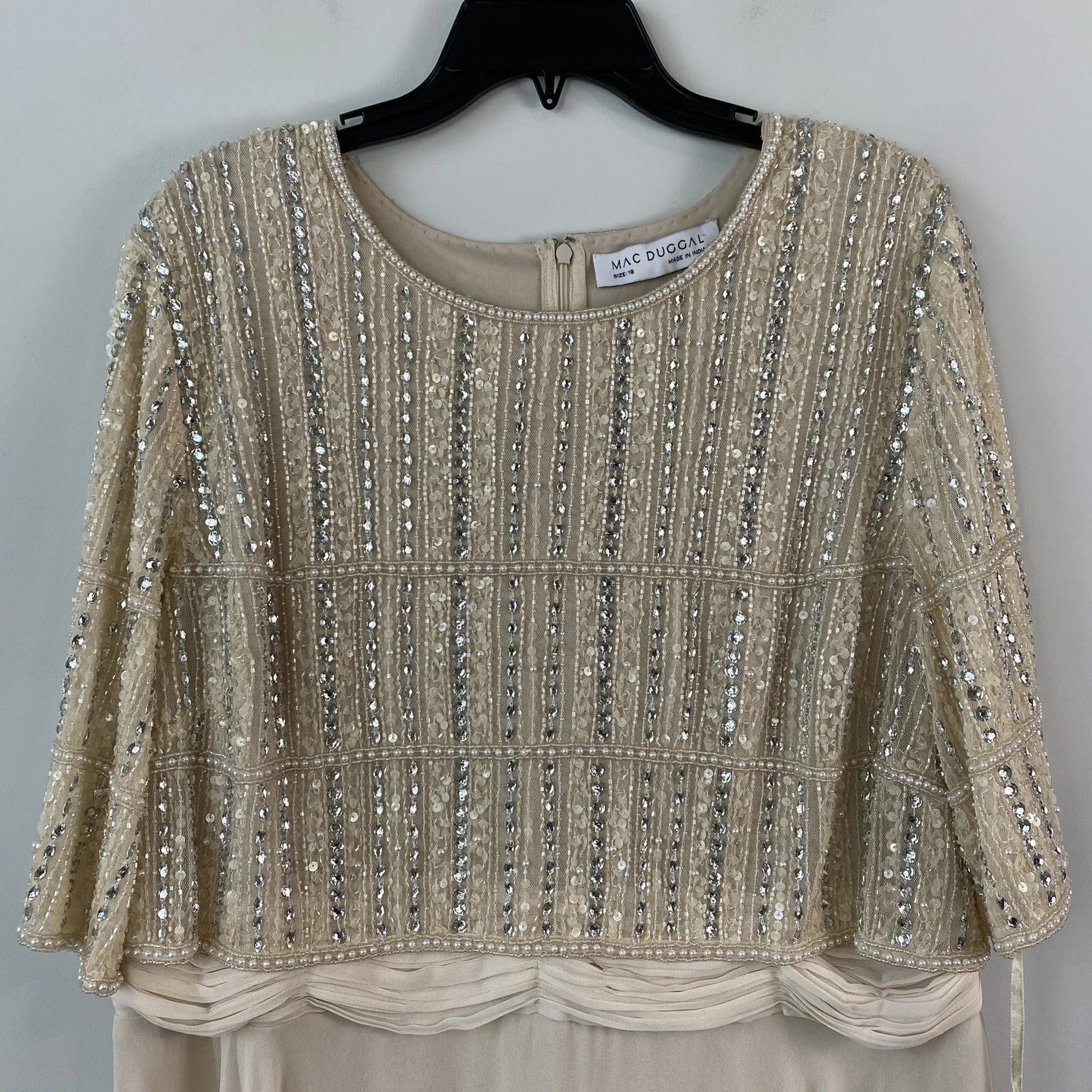 NWT Mac Duggal 9180 Beaded Bodice Chiffon Gown Nude Dress Champagne Ivory Sz 18