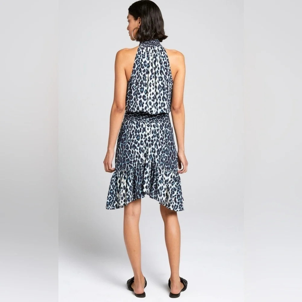 ALC CODY DRESS cream blue 2 leopard print halter cutout 100% silk midi sundress