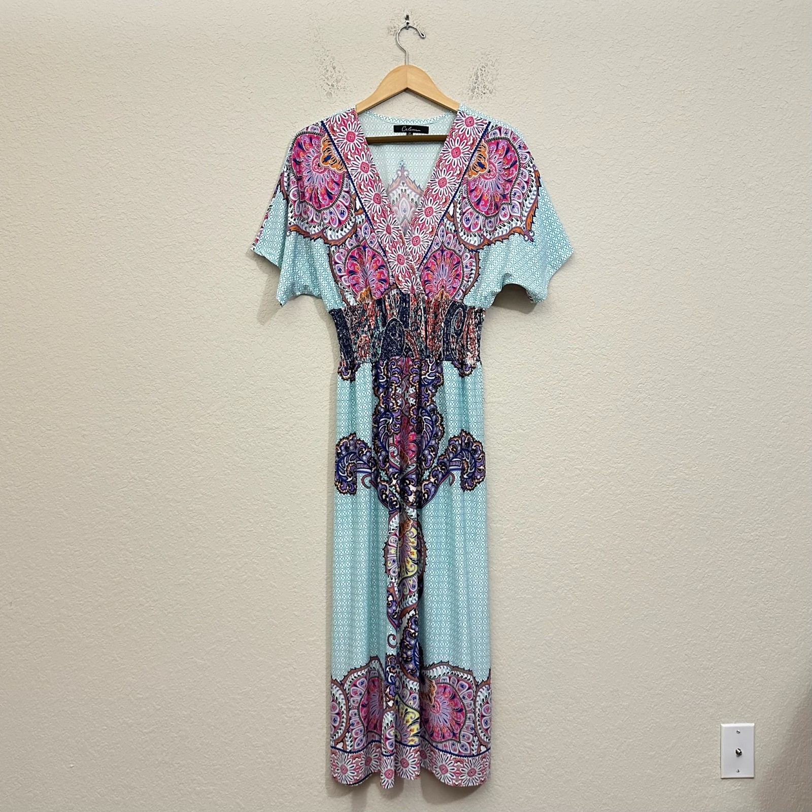 CALESAS Maxi Dress Womens Sz M Multi Floral Smocked SS Boho Hippie Babydoll NWOT