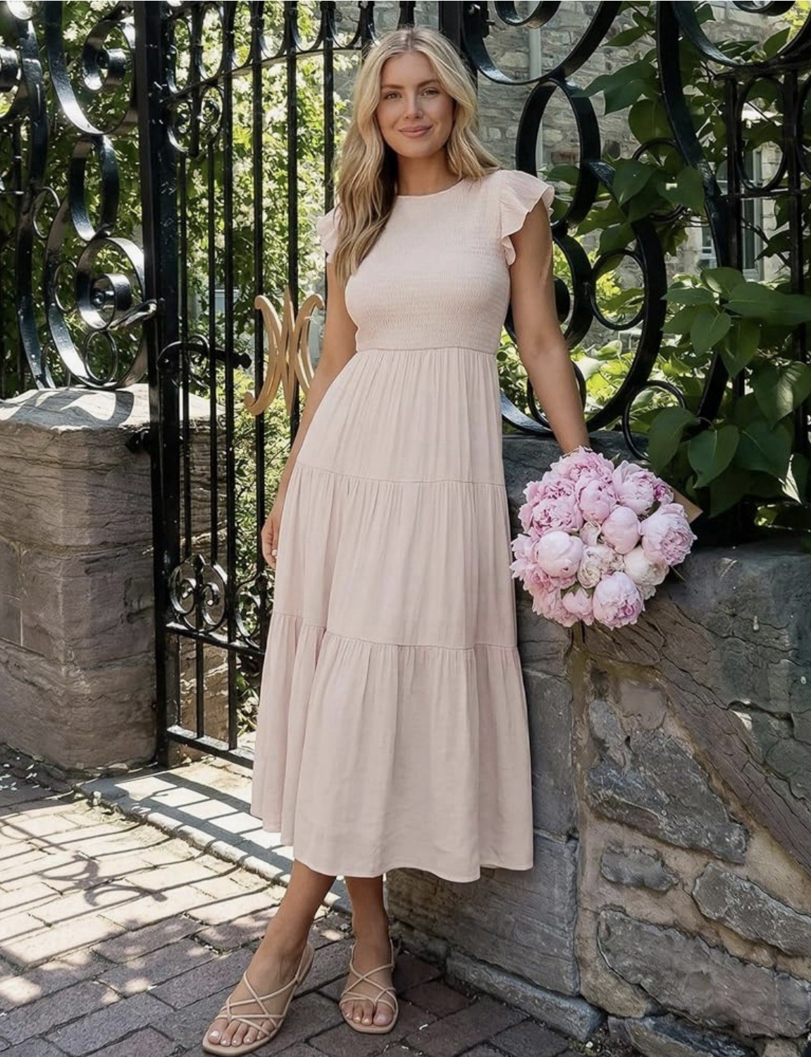 ZESICA Beige Solid Smocked Tiered Ruffle Flutter Sleeve Midi Dress Pockets L