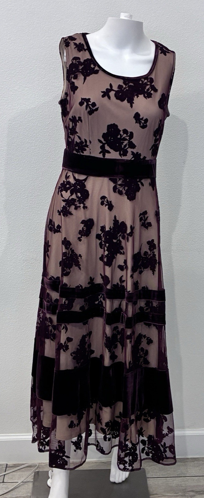 Taylor Whimsigoth Flocked Velvet Mesh Maxi Dress Size 2 Burgundy Dark Romance