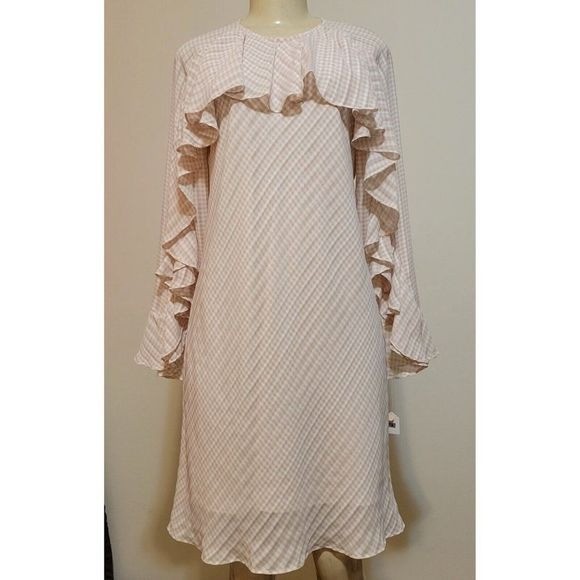 ANTHROPOLOGIE  Donna Morgan Beige Plaid Long Sleeve Ruffles Dress Size 4 #974