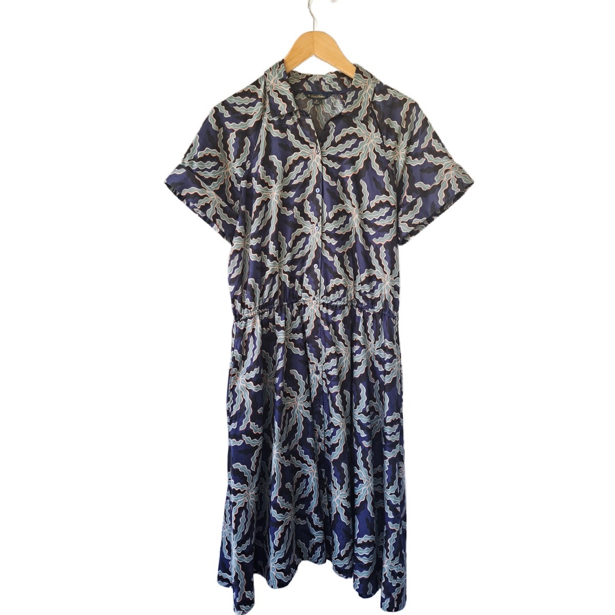 BROOKS BROTHERS Cotton Sateen Midi Shirt Dress Size 12 Blue Black Short Sleeve