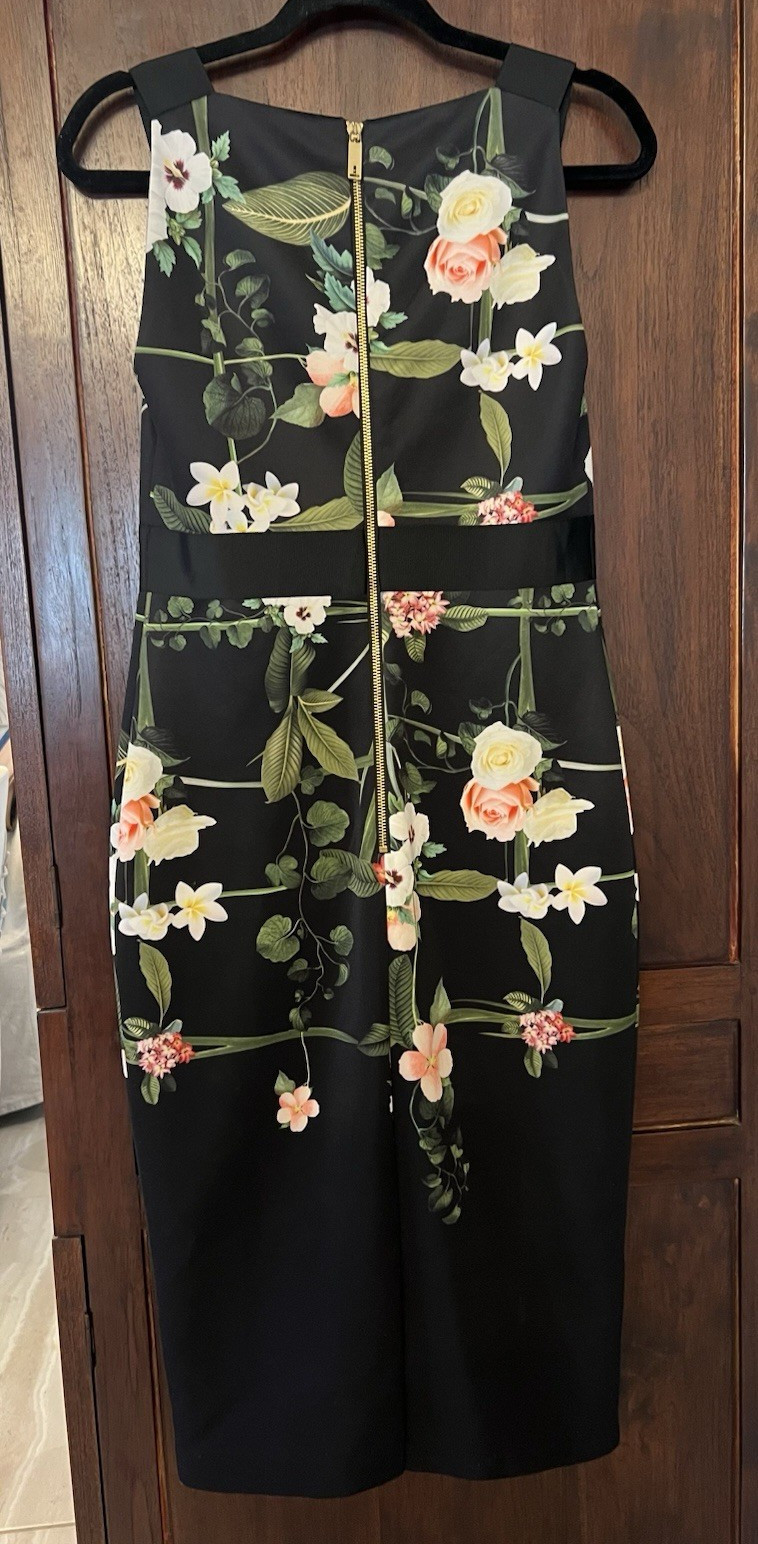 Ted Baker Womens Sheath Dress Size 3 V-Neck Sleeveless Black Floral Knee
