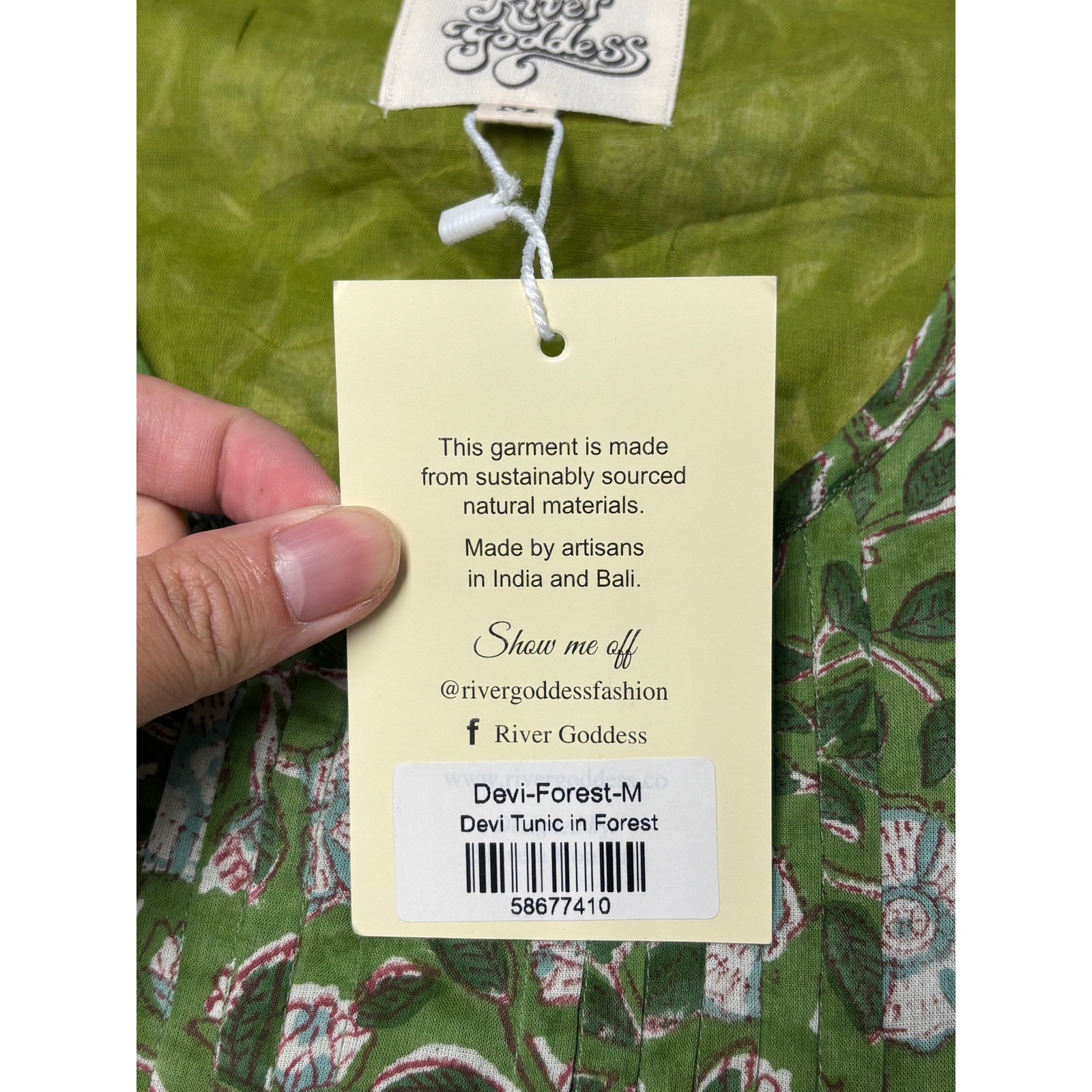 NWT River Goddess Devi Tunic Forest Green Floral Organic Cotton Dress Womens M