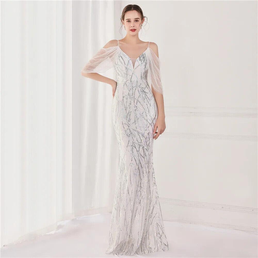 Women Performance Mesh Green Elegant Beading Evening Sequin Maxi Long Prom Dress