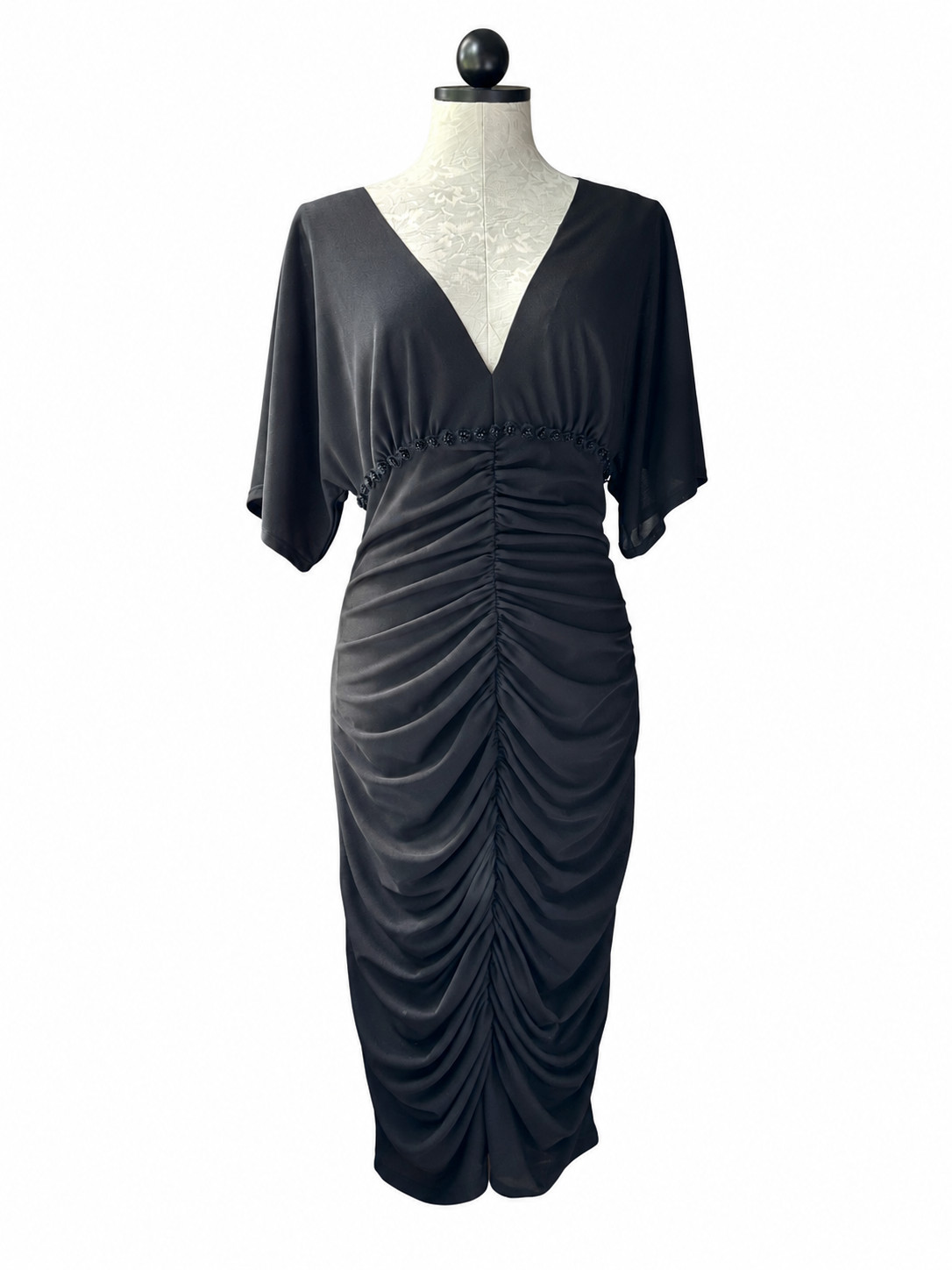 David Meister Black Ruched Beaded Midi Cocktail Dress Size 12 Elegant Evening