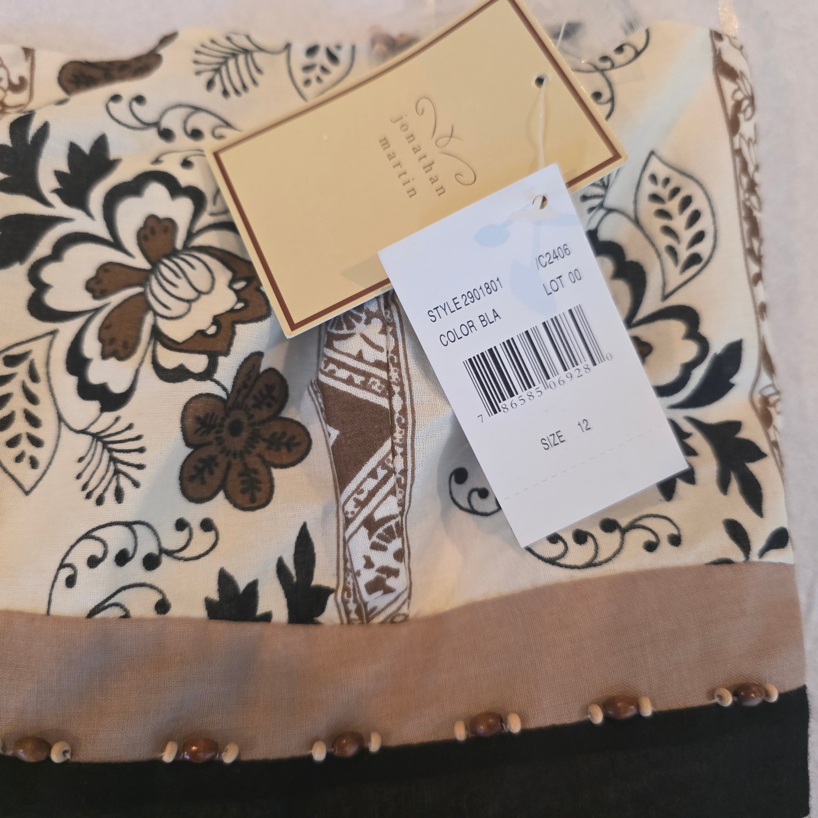Jonathan Martin Womens Cotton Floral Maxi Dress Beaded Strapless Black Tan 12