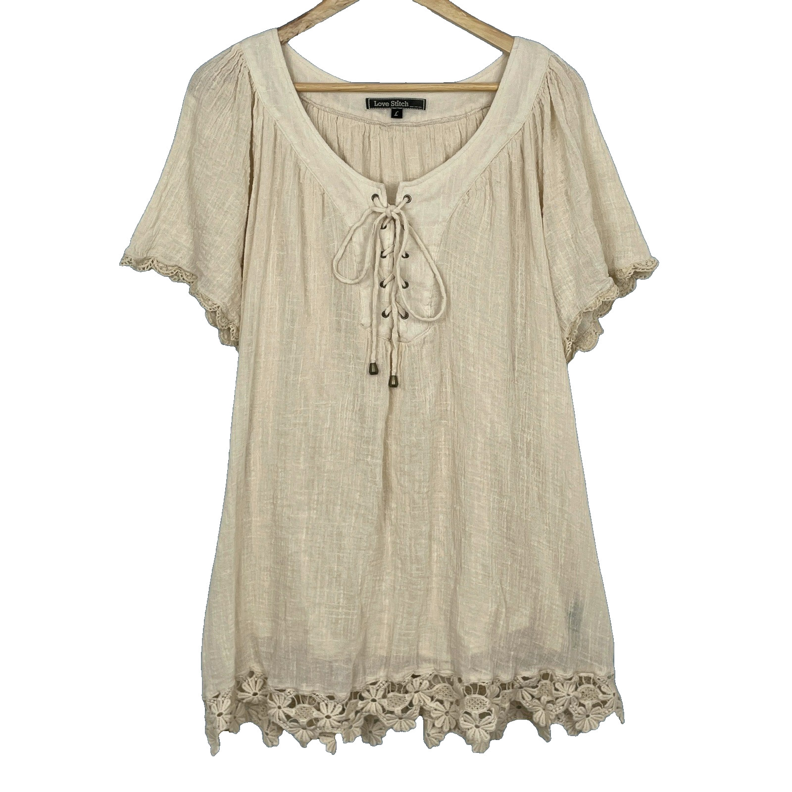 Love Stitch Boho Gauzy Crochet Trim Lace Up Mini Dress L Boho Festival Granola