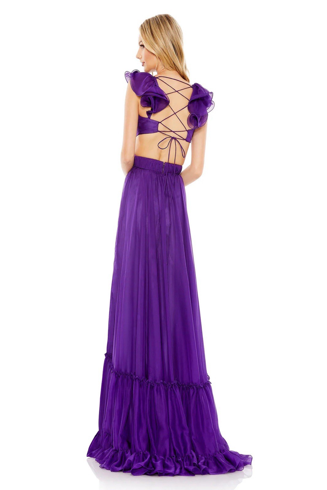 Mac Duggal Size 8 Purple 70254 Ruched Ruffled Shoulder Cut out Lace Up Gown Prom