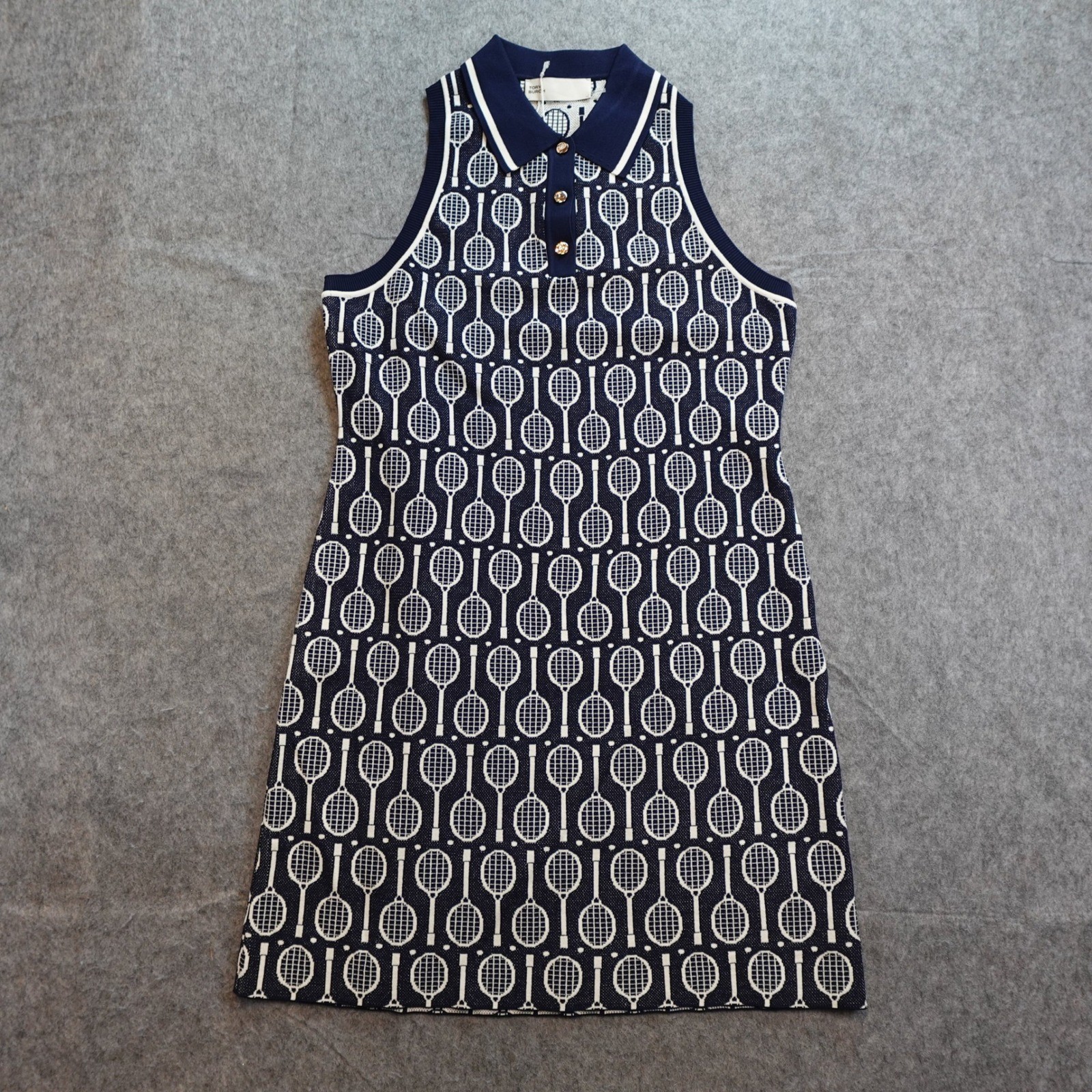 Tory Burch Dress Womens Medium Tory Burch Tech Knit Polo Tank Navy Racquets AOP