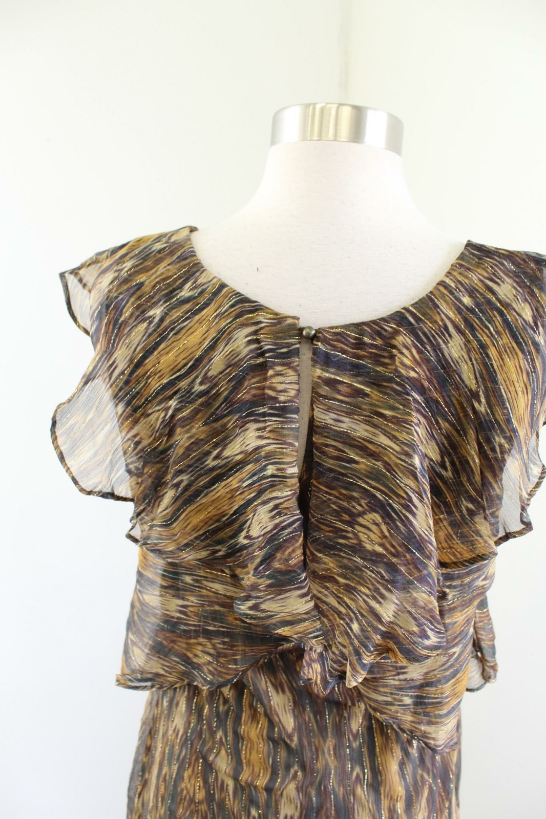 NWT Ella Moss Metallic Flutter Sleeve Printed Dress Size S Gold Green Ikat Silk