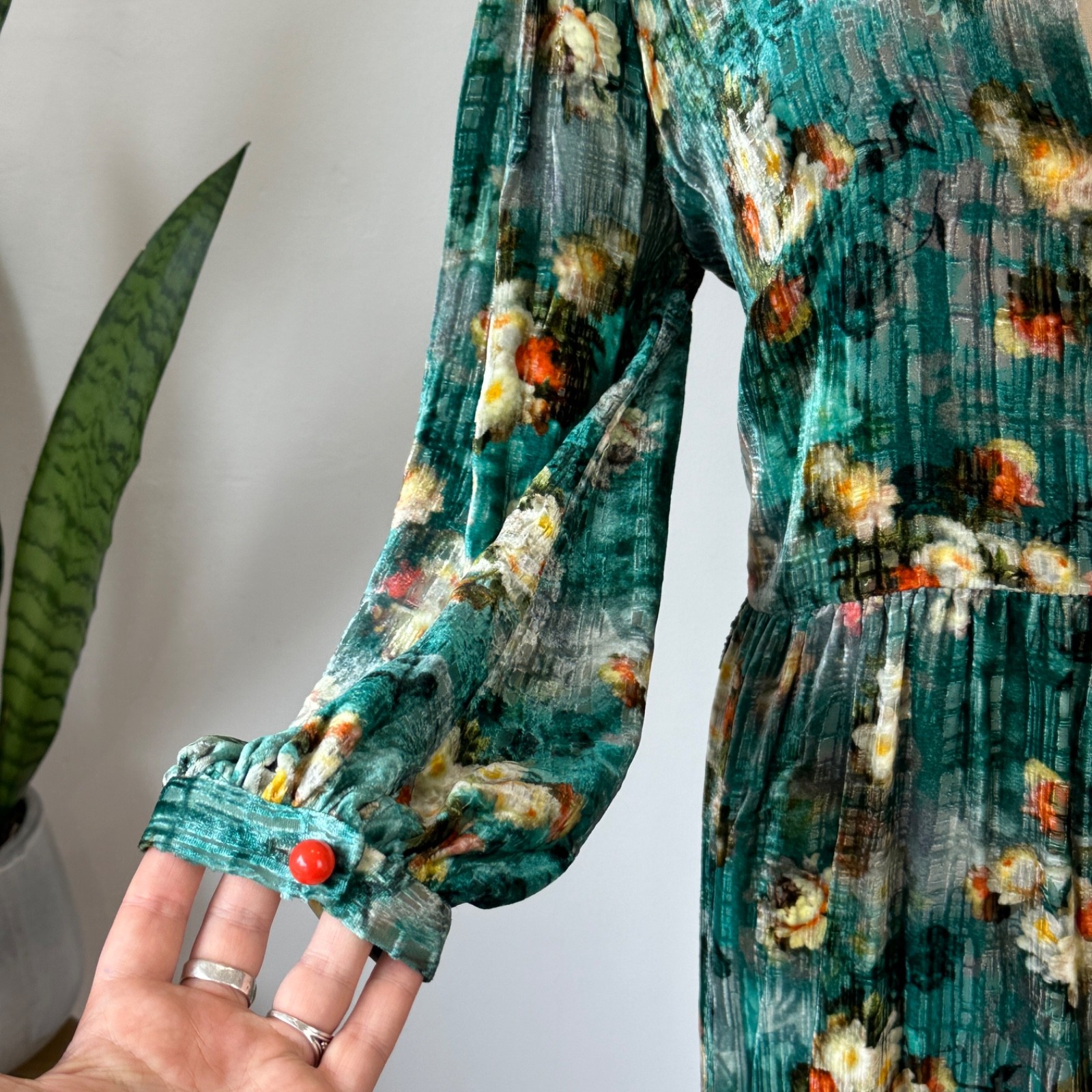 LEONA EDMISTON – SILK BLEND VELVET FLORAL MIDI DRESS – TEAL – SZ 3/ 14 AU/ 10 US