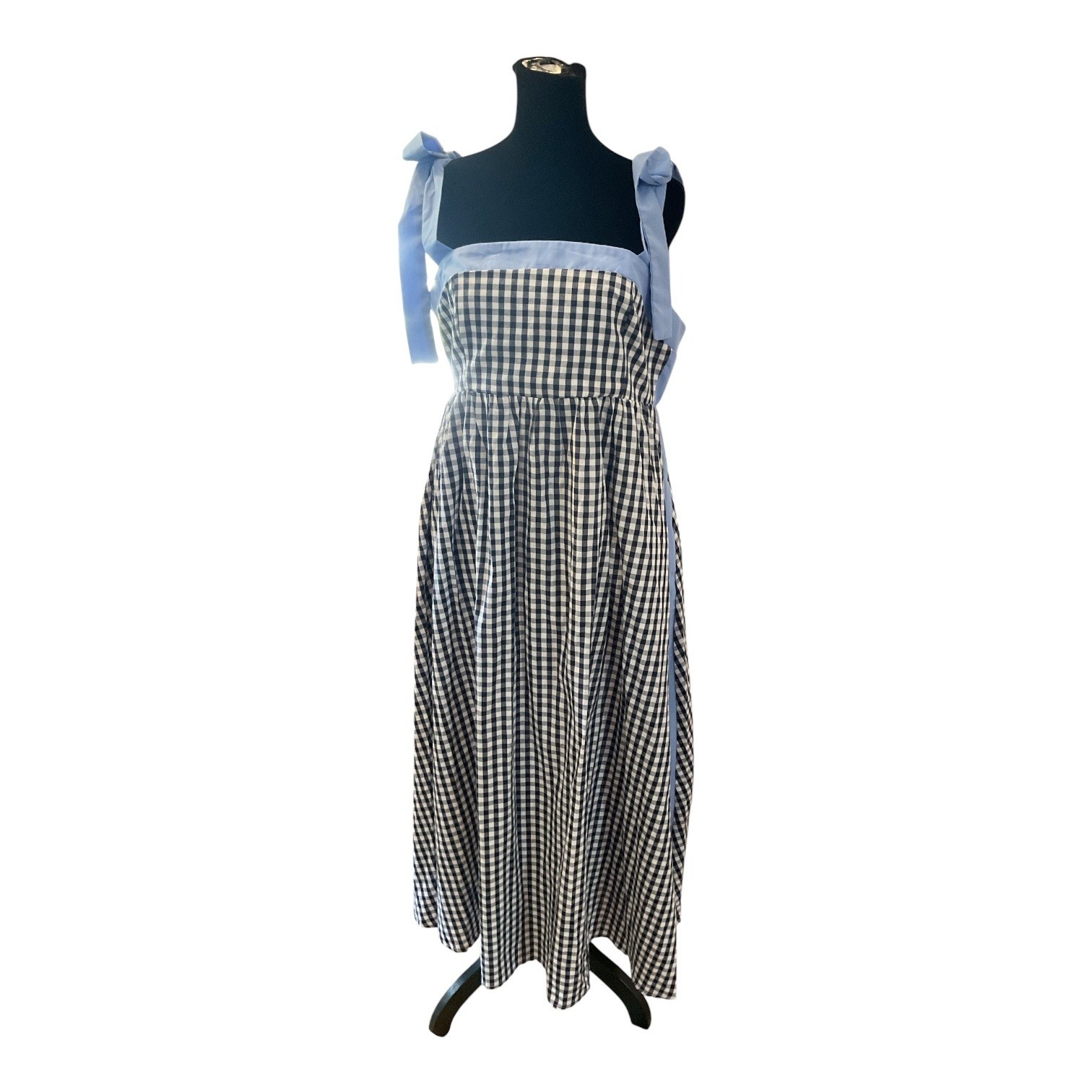 Entro Gingham Tie Shoulder Midi Dress Black White Blue Large D31539 NWT