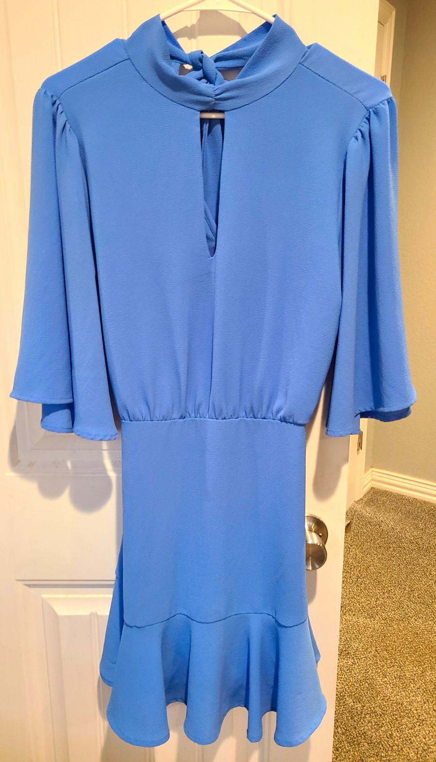 VICI Blue Solid High Neck Bow Back Keyhole 3/4 Sleeve Mini Dress S