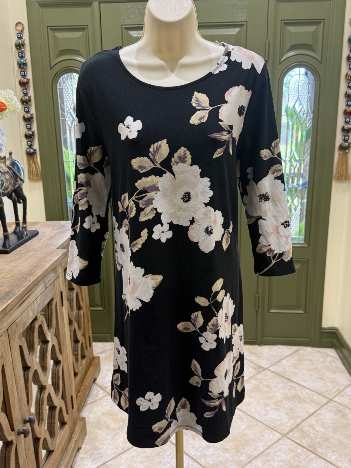 Women’s Black Knit Dress with Peach & Cream Floral Print – Size Large