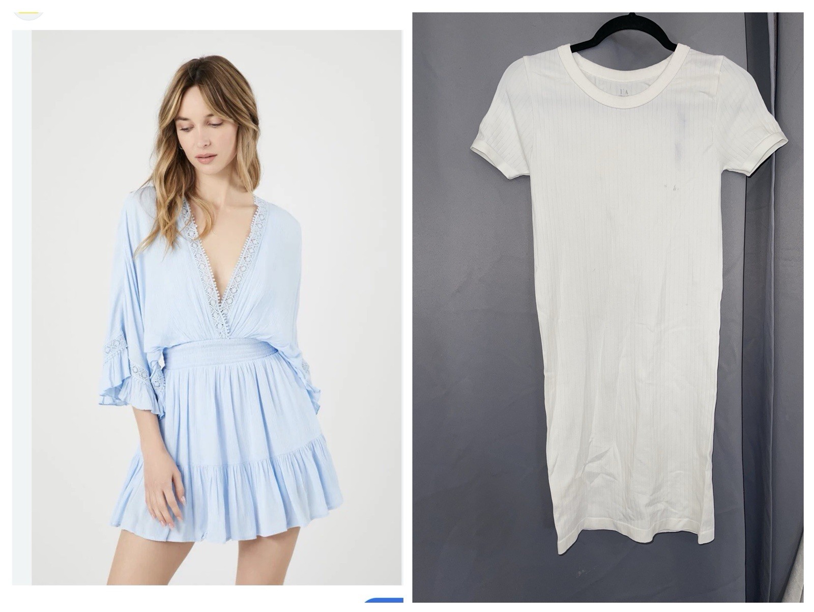 2 women’s dresses: one light blue Shero (size S, wide sleeves) and one white