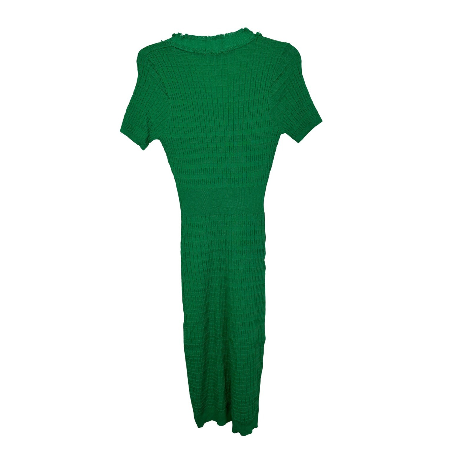 Green Knit Midi Dress Button Down Short Sleeve Fringe Size S/M Very Stretchy