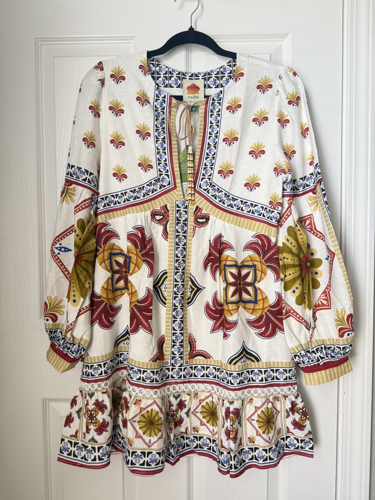 Farm Rio Off-White Marys Tiles Lenzing Ecovero Euroflax Mini Dress Size Small