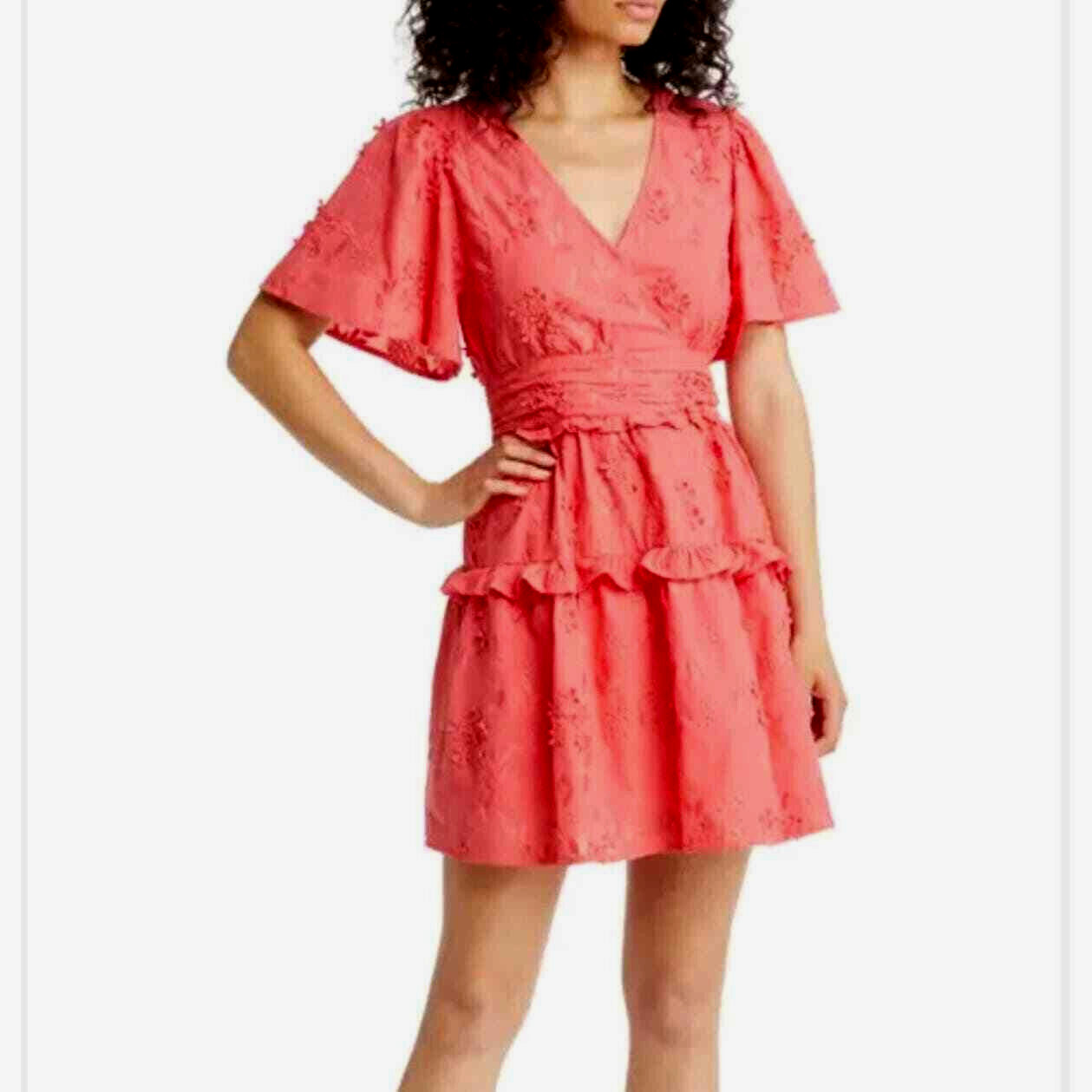 Btfl life Red Madie Embroidered Flutter Sleeves Mini Dress Sz M *1131