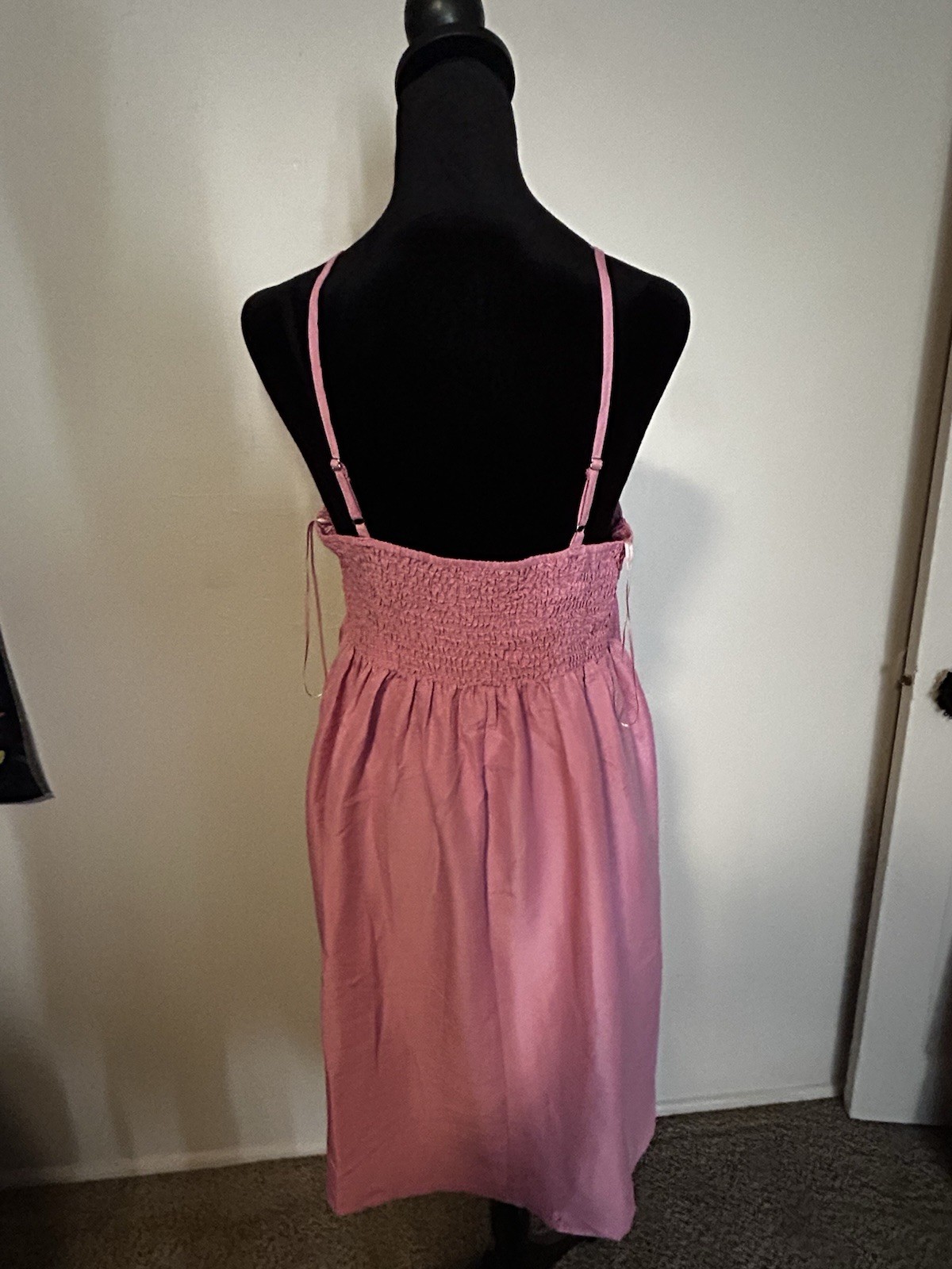 First Love L Pink Solid Woven Fit & Flare Bow Front Smocked Back Dress