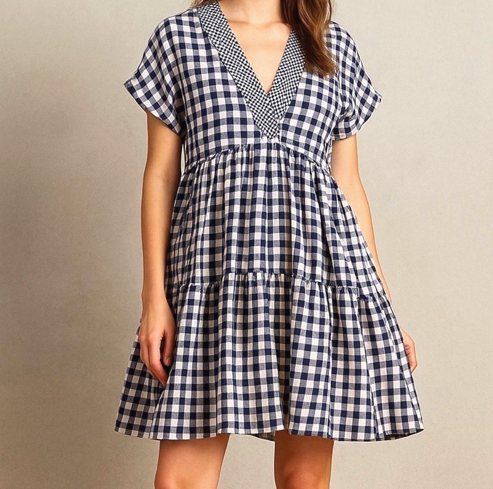 11-1-TYLHO Anthropologie $138 Navy Blue Gingham Swing Mini Dress size XS