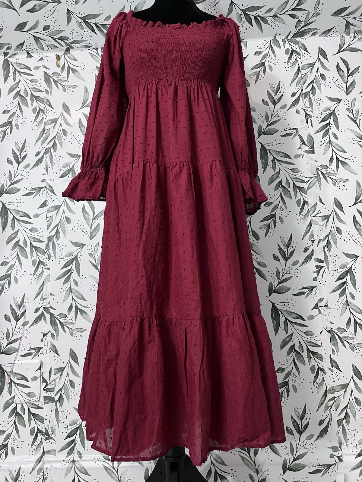 R. Vivimos Plaid Puff Sleeves Bow Boho Midi Dress Sz M Burgundy Vacation Casual