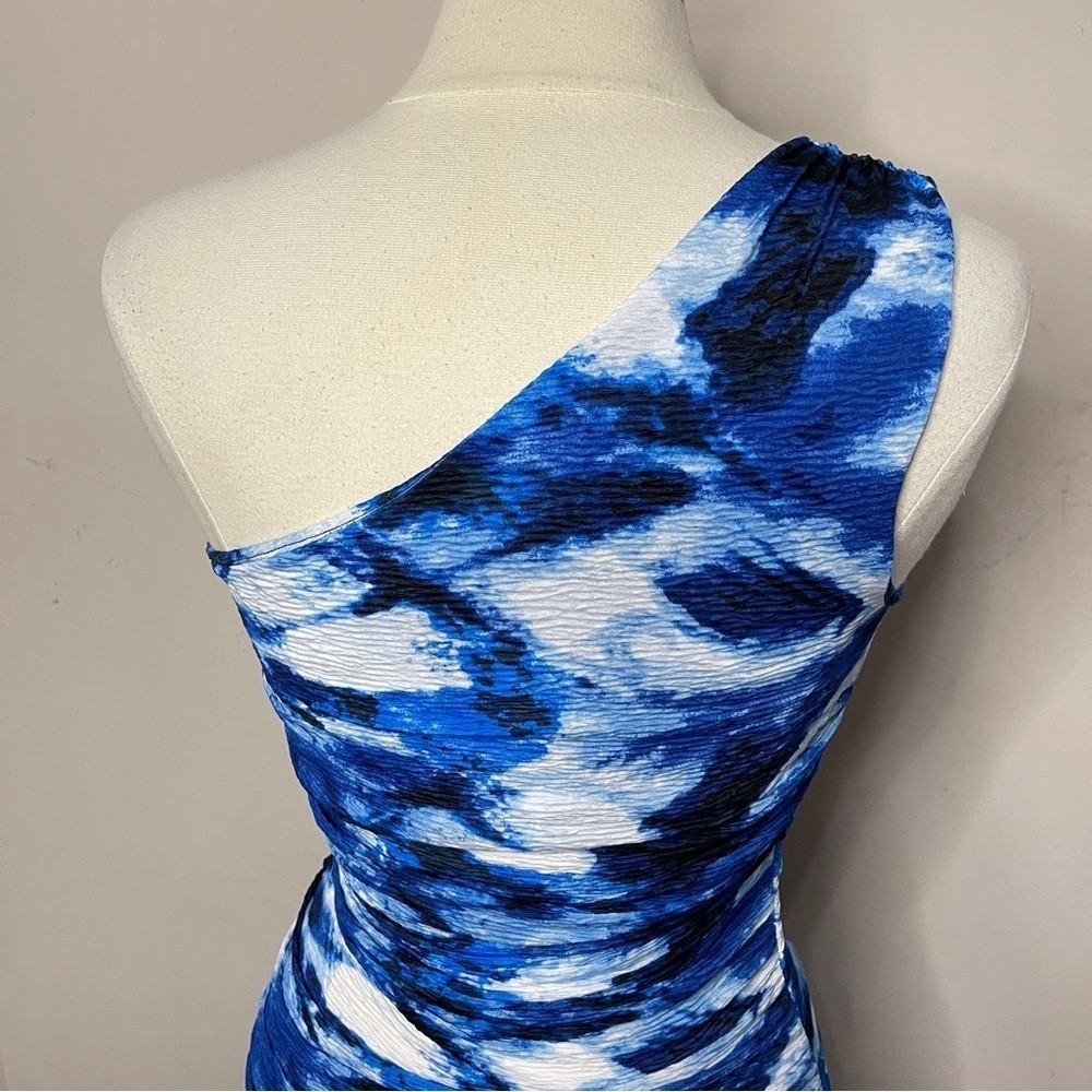 MISCREANTS Blue Tie-Dye One-Shoulder Ruched Mini Dress & Gloves, UK 8