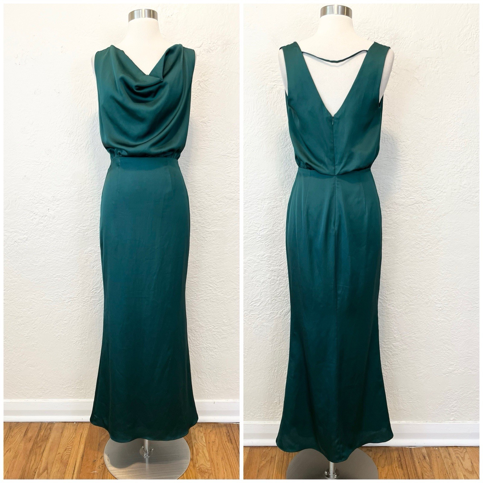 Fame and Partners Maxi Dress Emerald Green Satin Formal Gown size 4