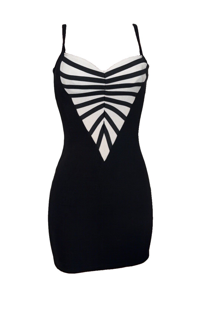 Vintage 90 Y2K Black Striped Bodycon Bandage Frederick’s Of Hollwood Mini Dress