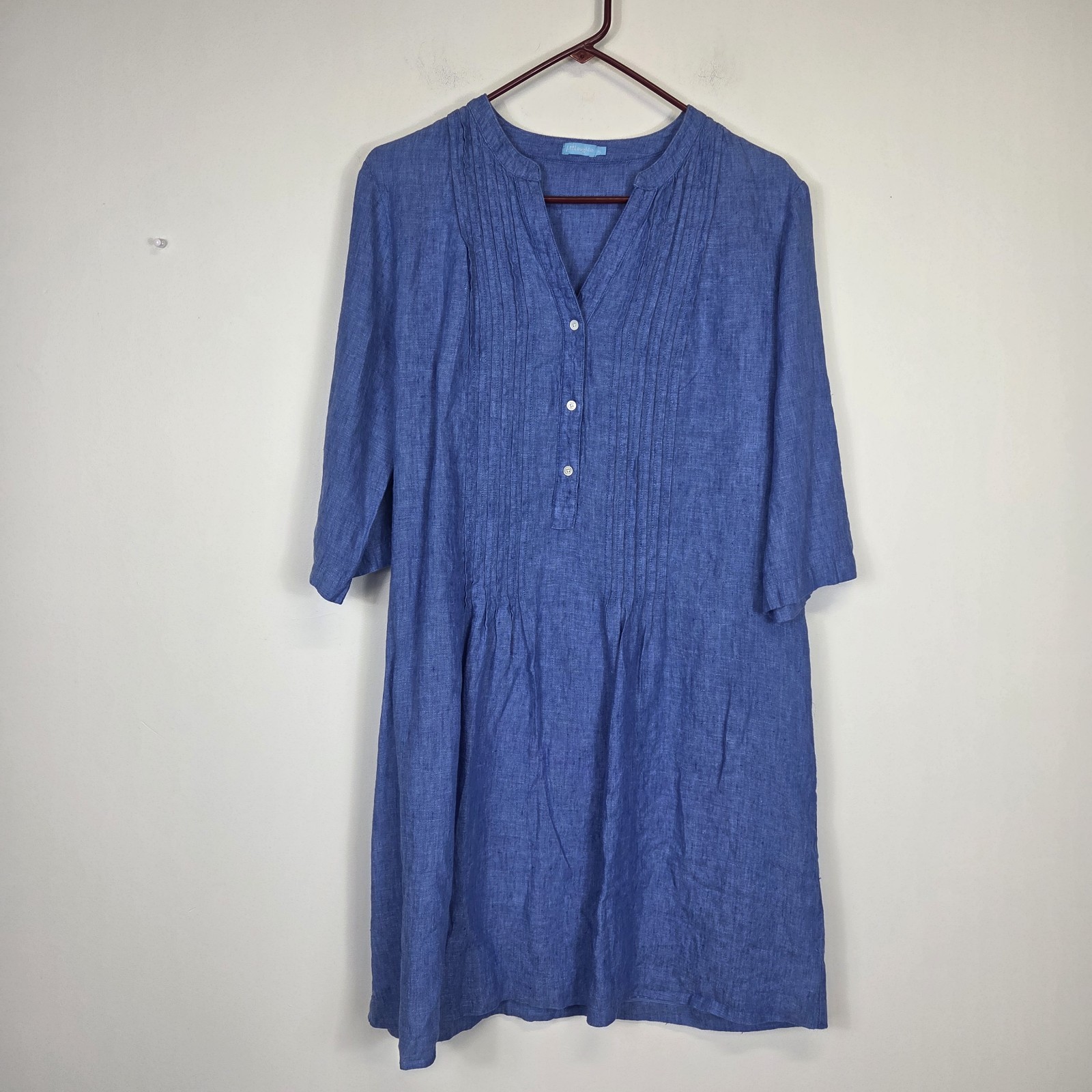J. MCLAUGHLIN Solid Riviera Linen Dress Blue Sz XL Pintuck Roll-Tab Breathable