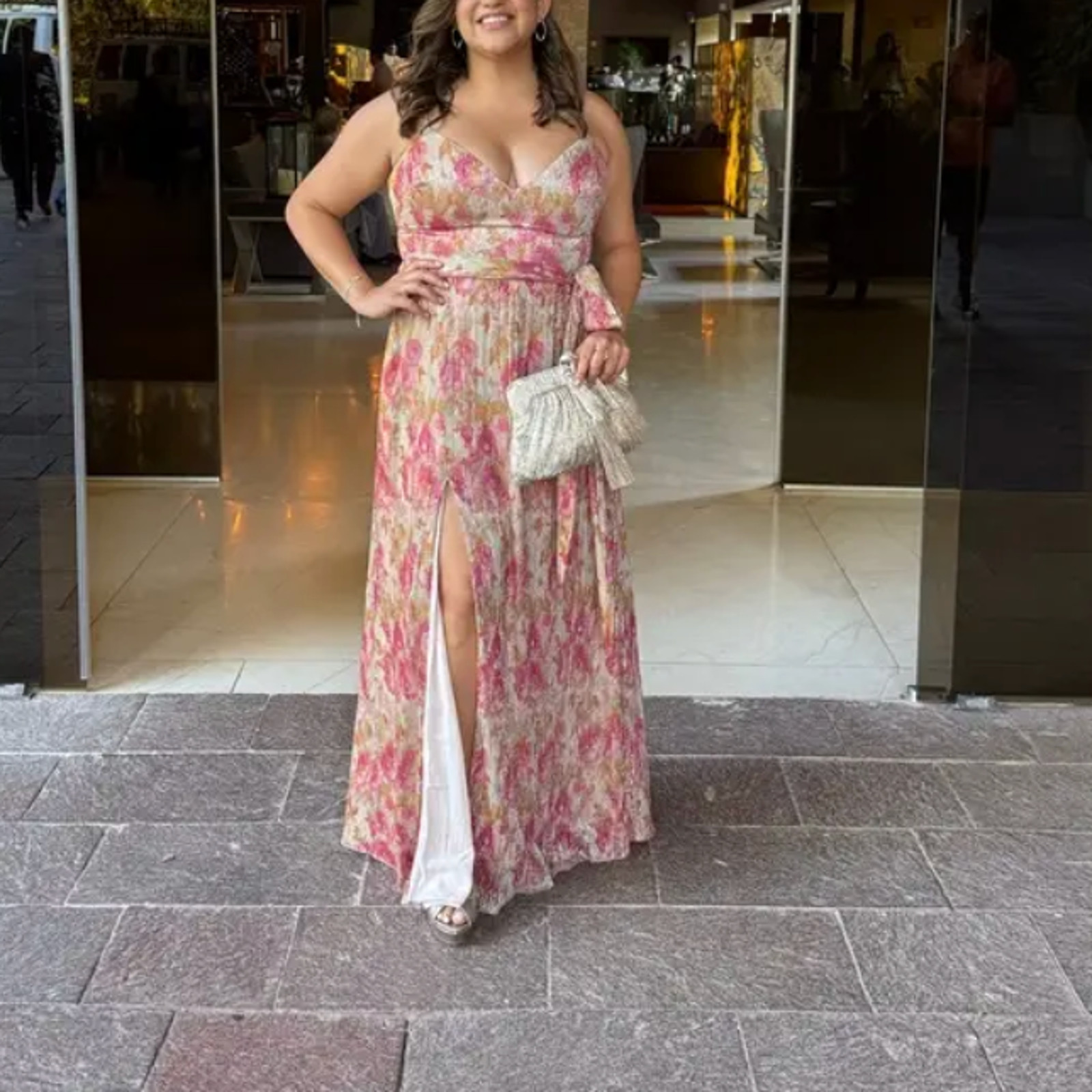 Dress the Population Floral Pleated Maxi Dress XS Metallic Plisse Slip Gown $268
