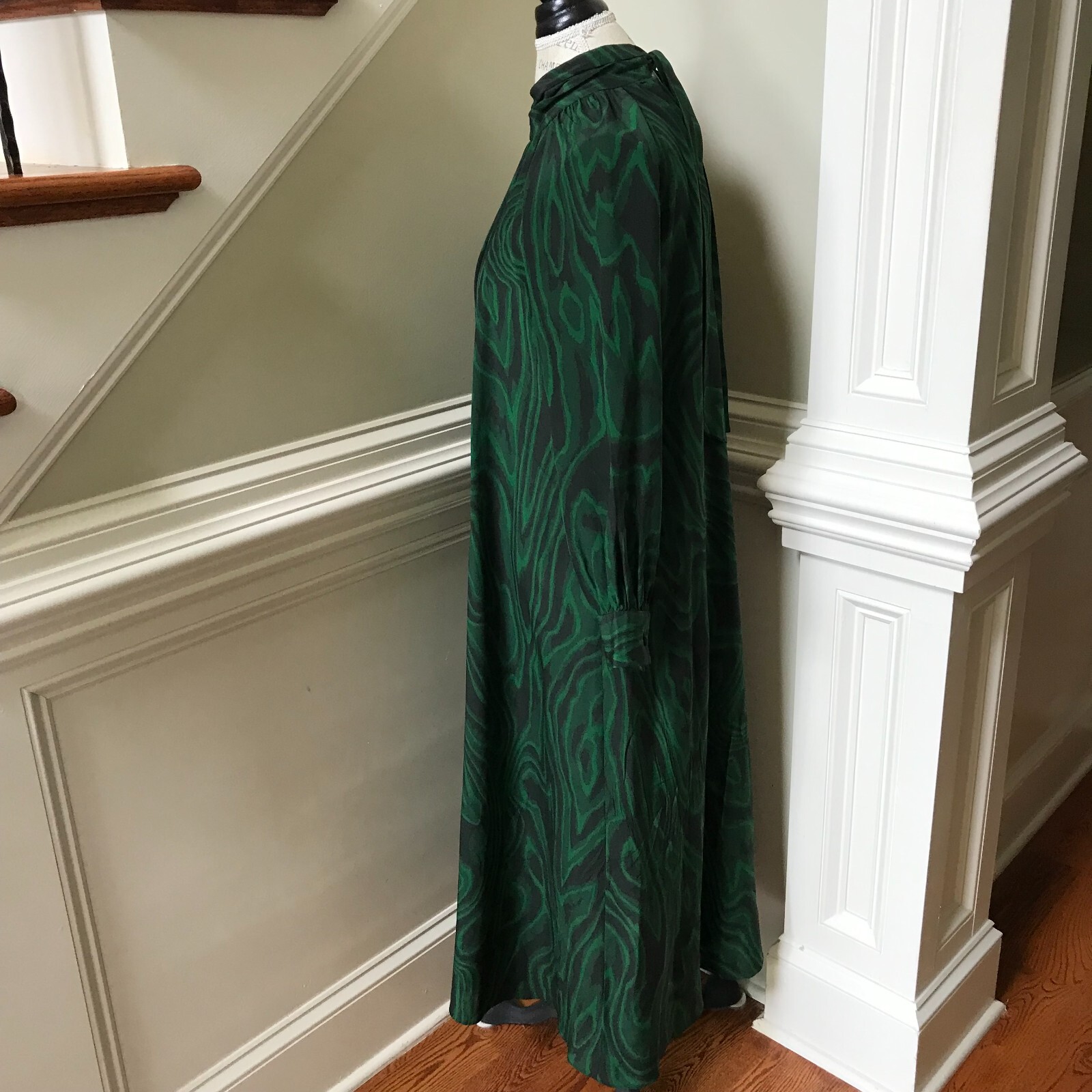WHiT Anslem Shift Midi Dress Womens P XS Emerald Green Black Long Sleeve Silk