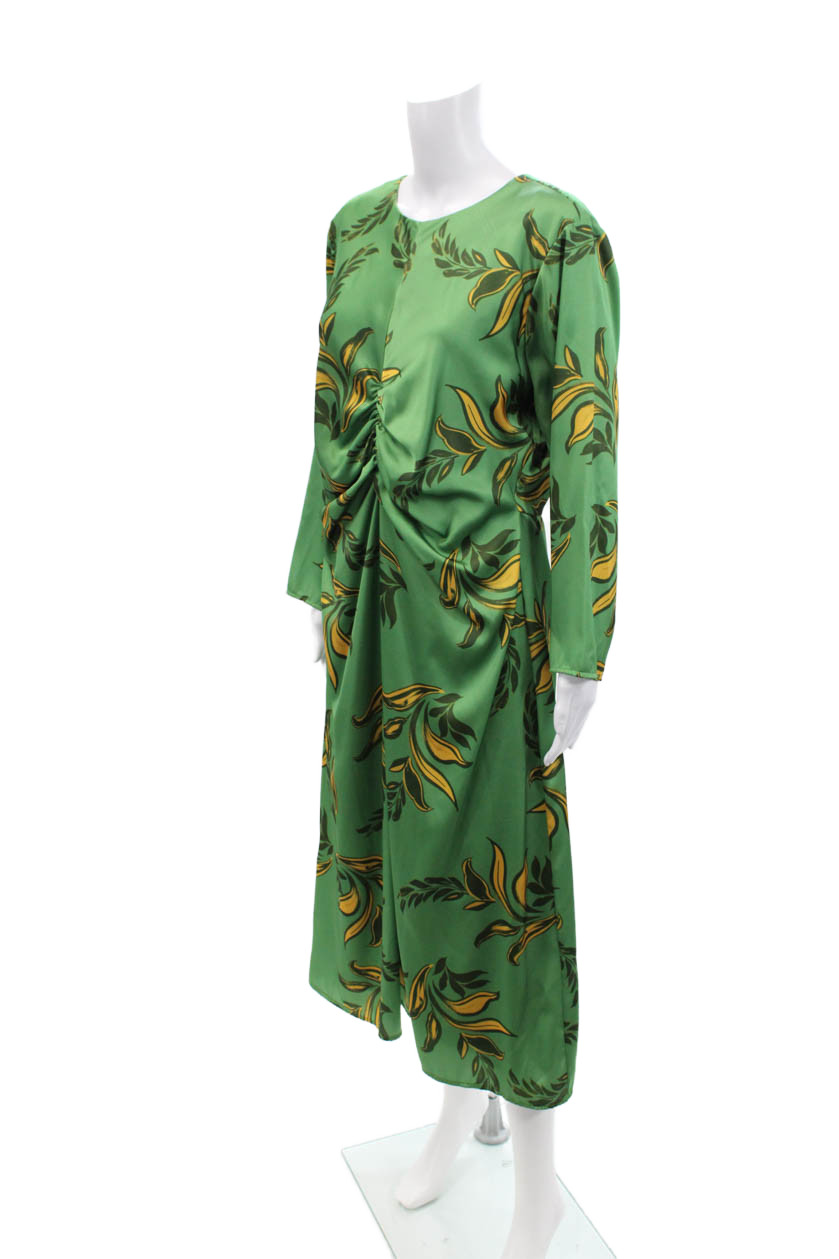 Alexia Admor Womens Textured Round Neck Long Sleeve Ruched Dress Green Size 12