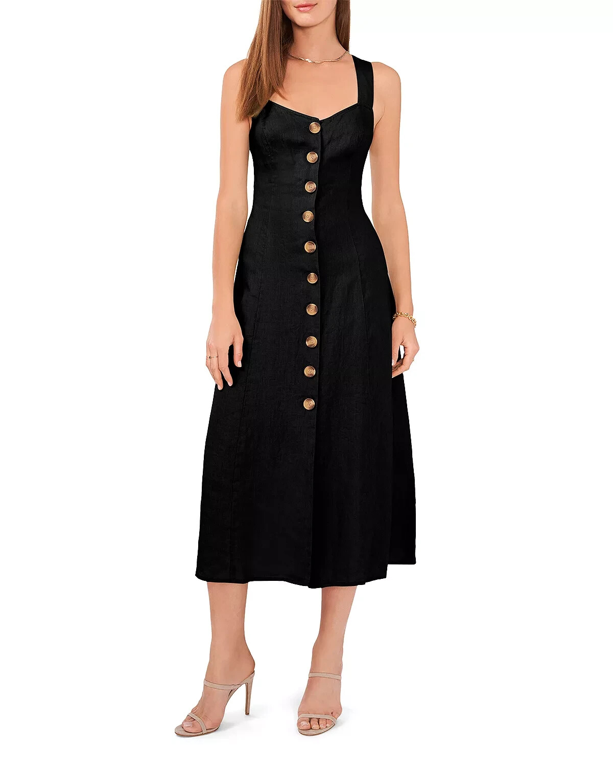 Vince Camuto 100% Linen Midi Dress XS Black Button Front Wide Strap NWT (bn17)