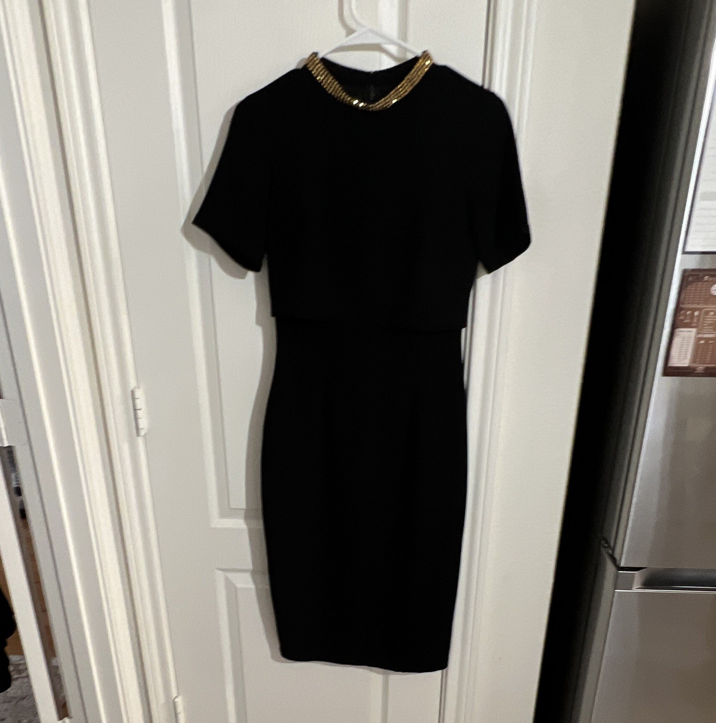 ASOS Black Dress US 4 Gold Beaded Neckline Short Sleeve Layered Shift Cocktail