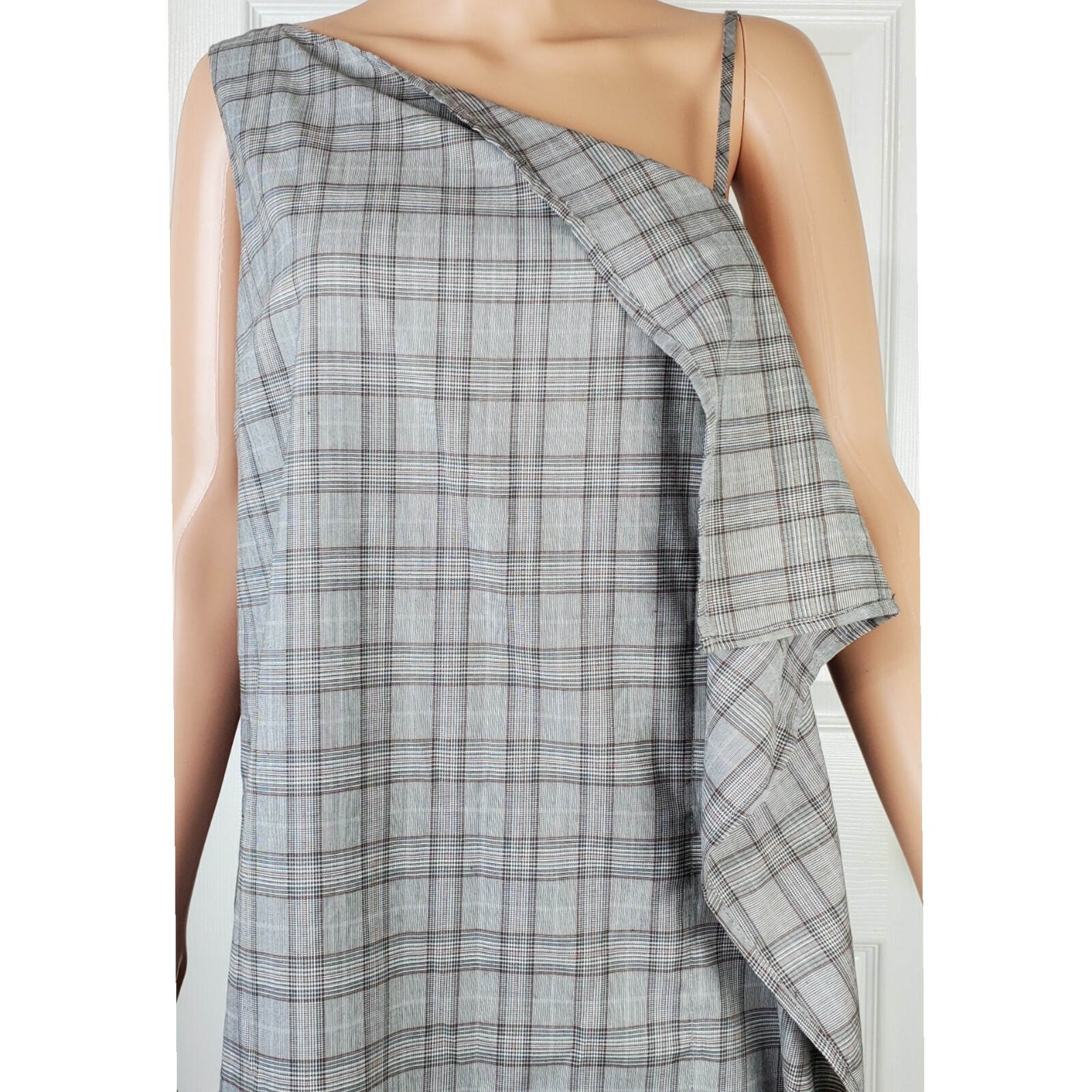 Sugarlips one shoulder side ruffle plaid gingham grey shift dress